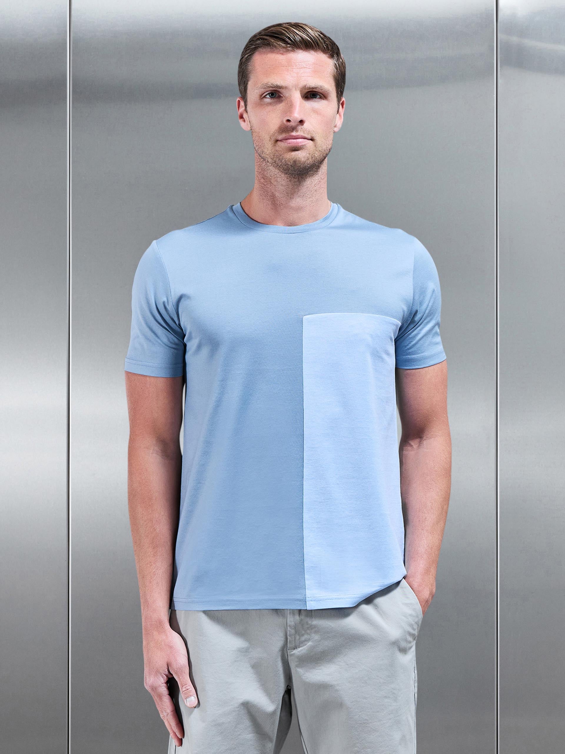 Fine Stripe Mercerised Cotton Colour Block T-Shirt in Light Blue