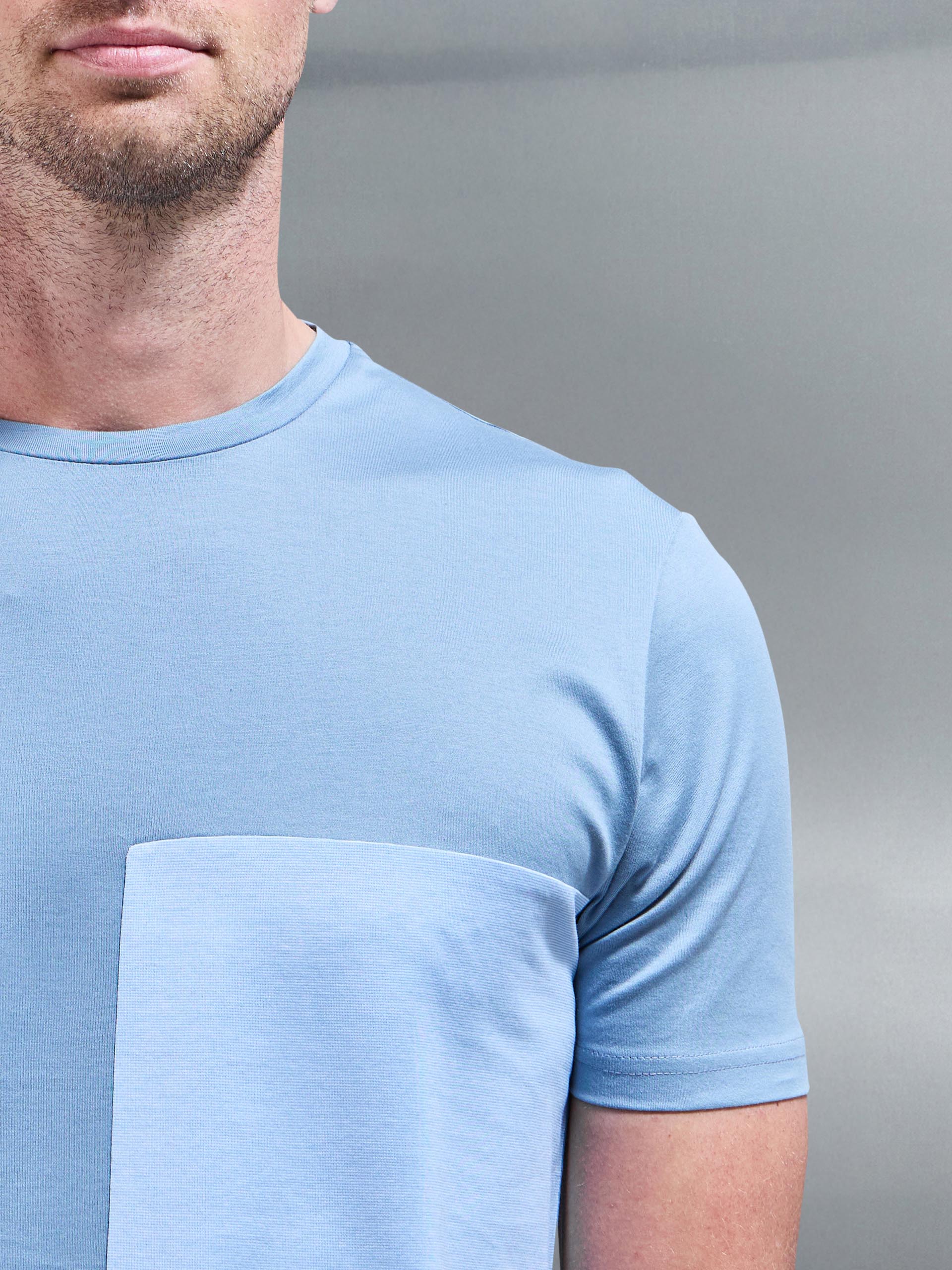 Fine Stripe Mercerised Cotton Colour Block T-Shirt in Light Blue