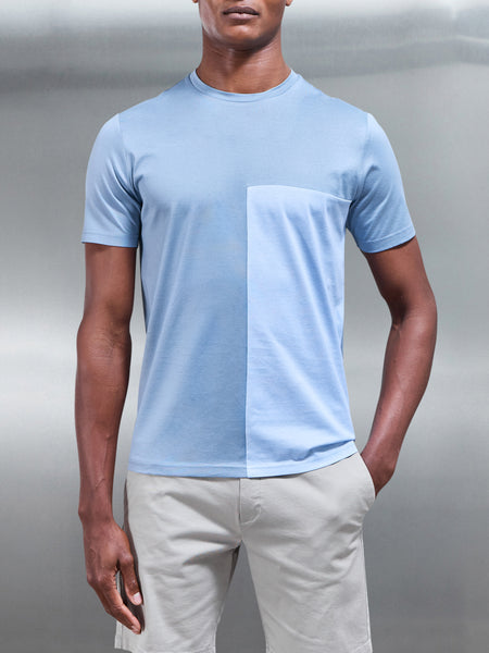 Fine Stripe Mercerised Cotton Colour Block T-Shirt in Light Blue