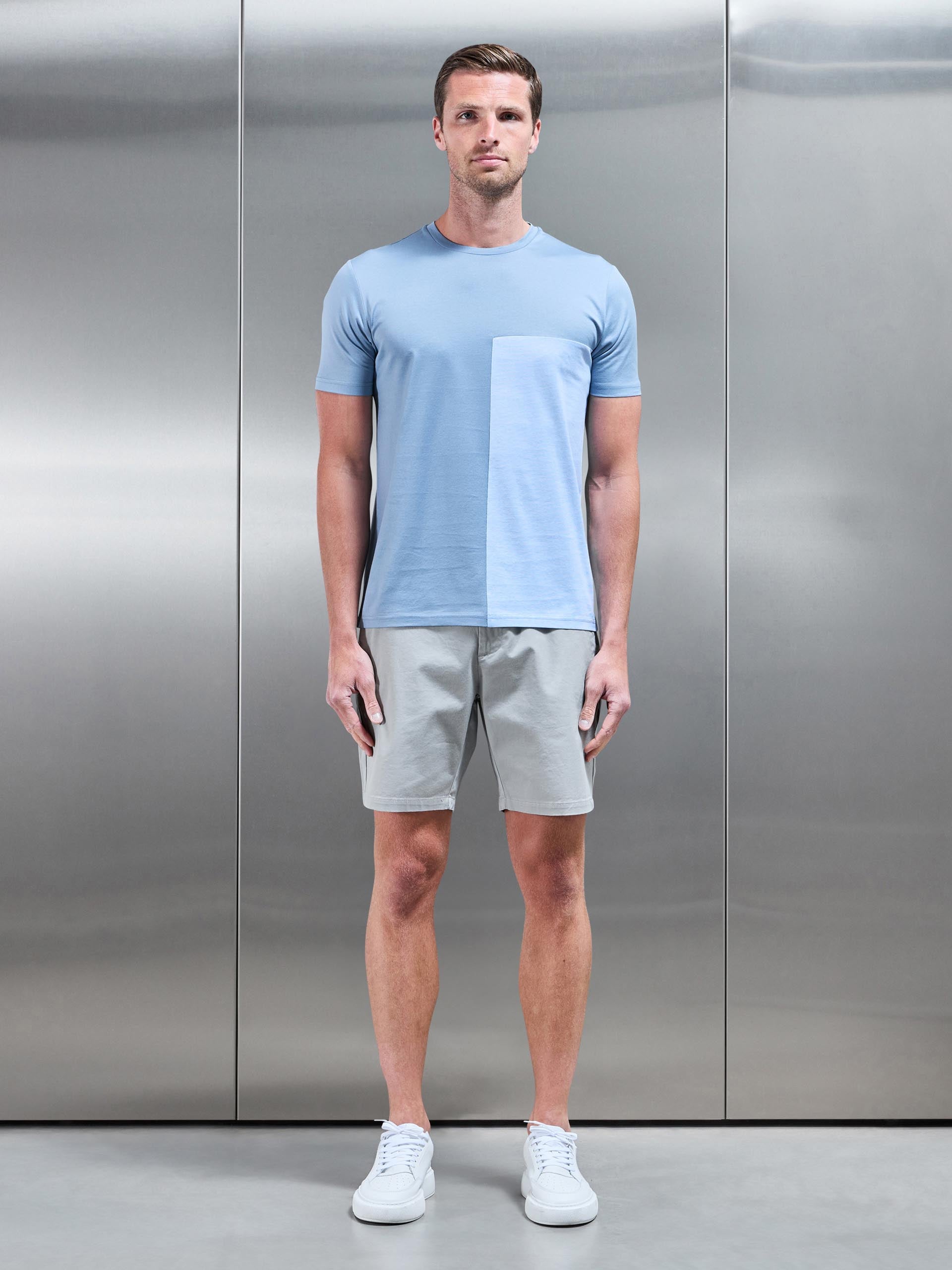 Fine Stripe Mercerised Cotton Colour Block T-Shirt in Light Blue