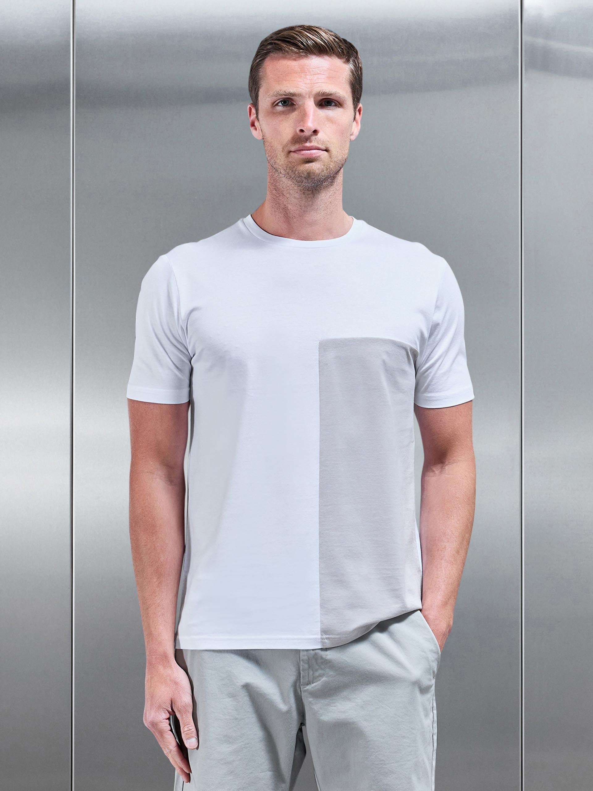 Fine Stripe Mercerised Cotton Colour Block T-Shirt in Stone