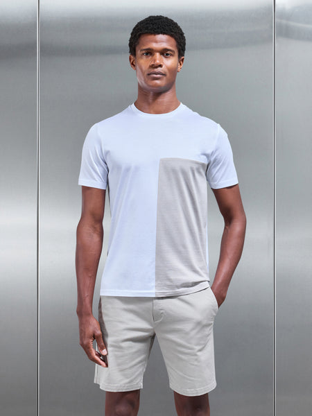 Fine Stripe Mercerised Cotton Colour Block T-Shirt in Stone