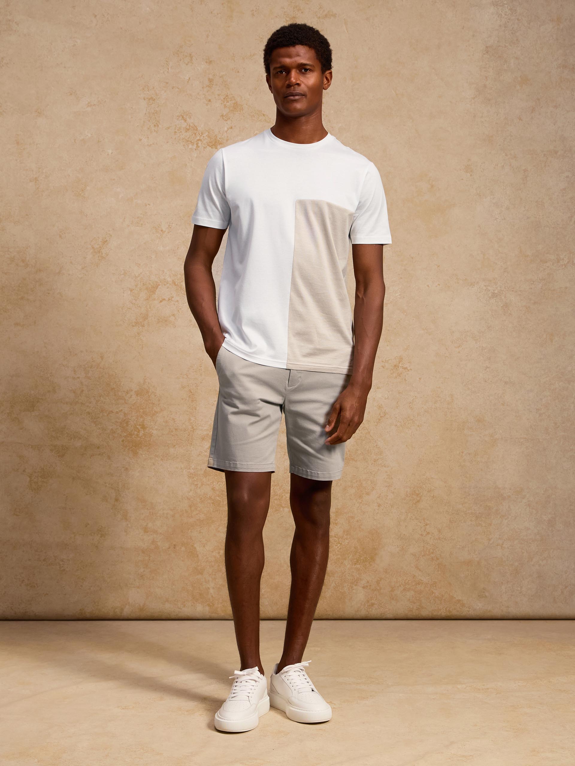 Fine Stripe Mercerised Cotton Colour Block T-Shirt in Stone