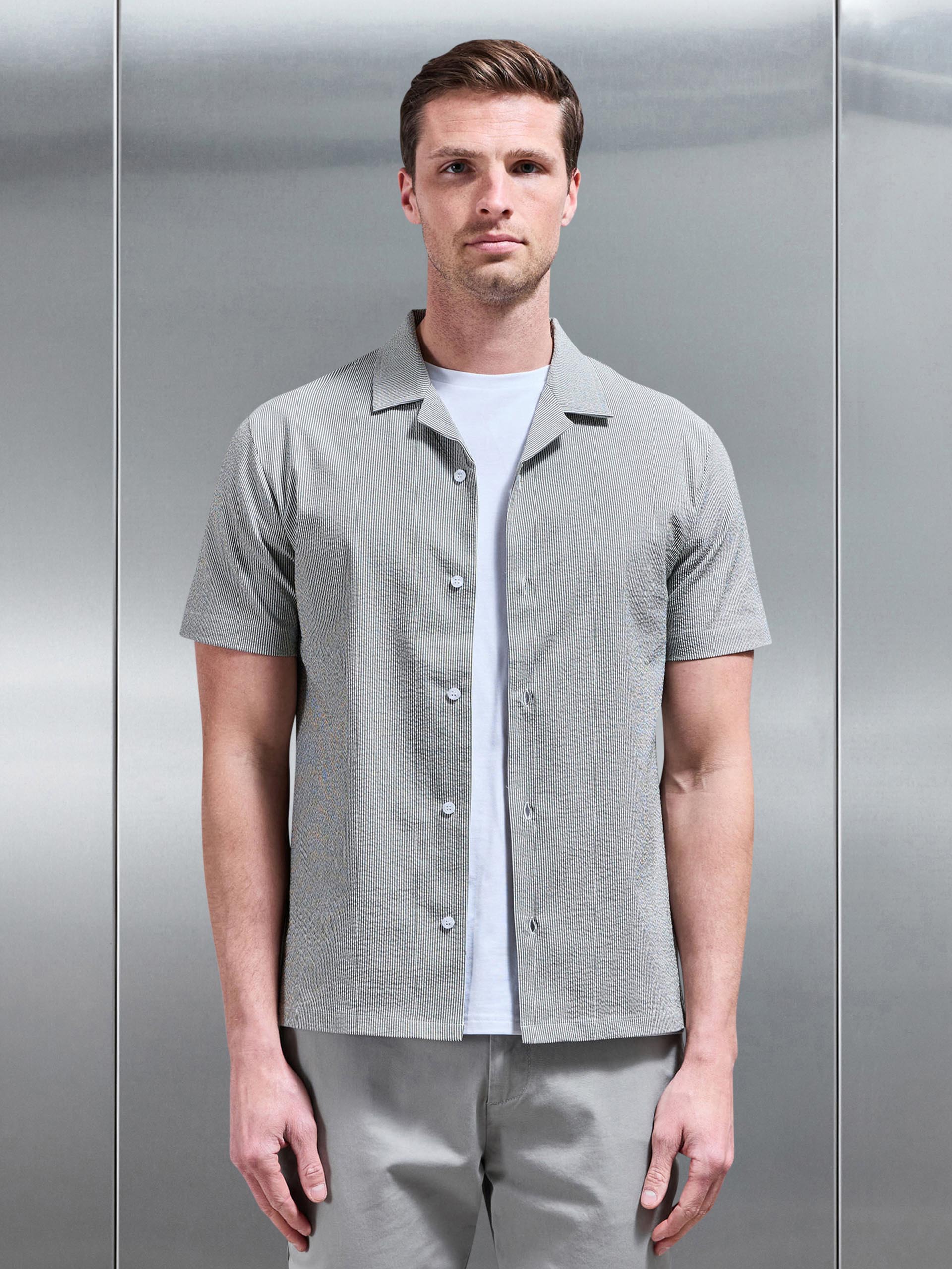 Fine Stripe Short Sleeve Revere Collar Shirt in Sage