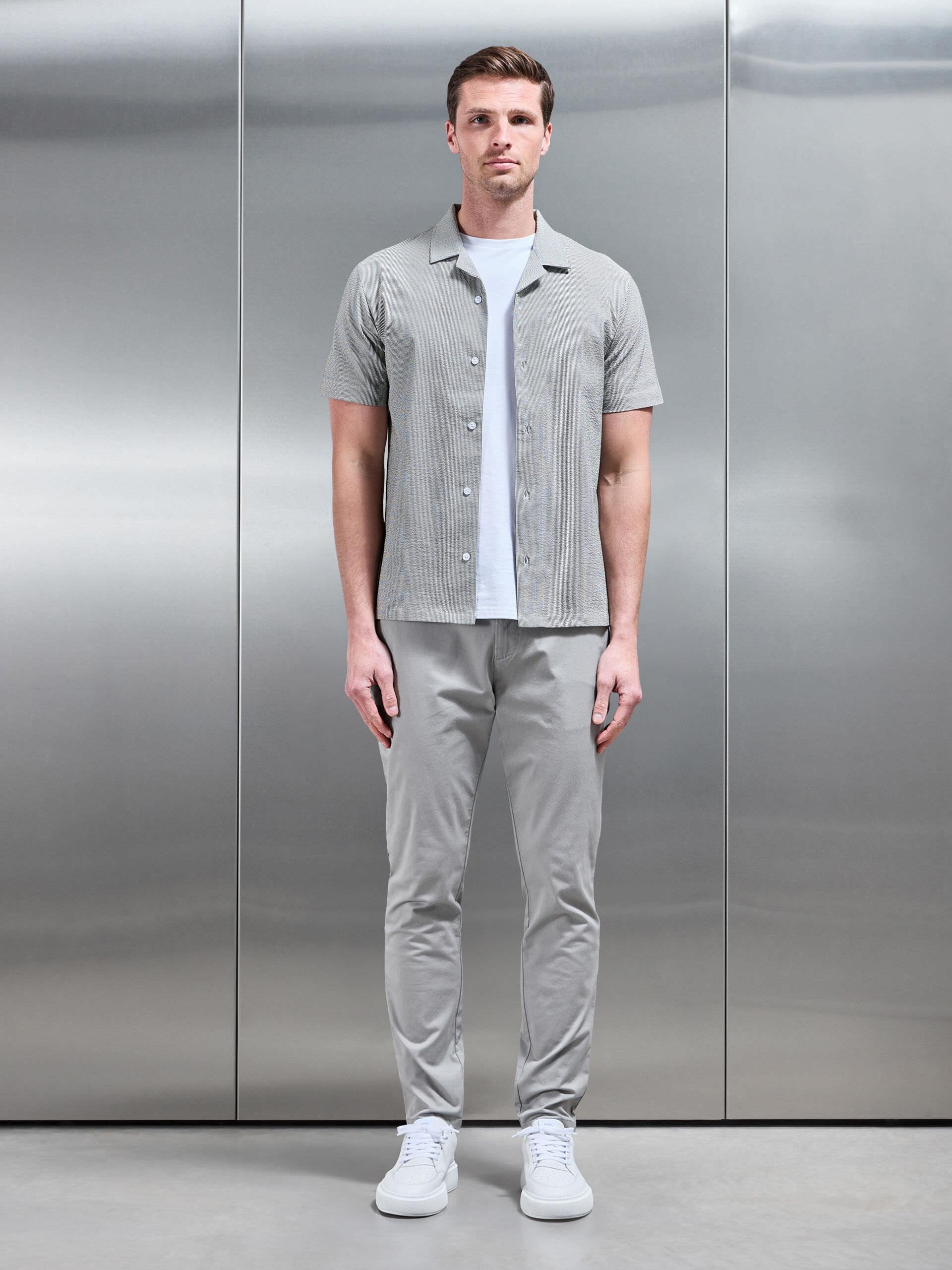 Fine Stripe Short Sleeve Revere Collar Shirt in Sage