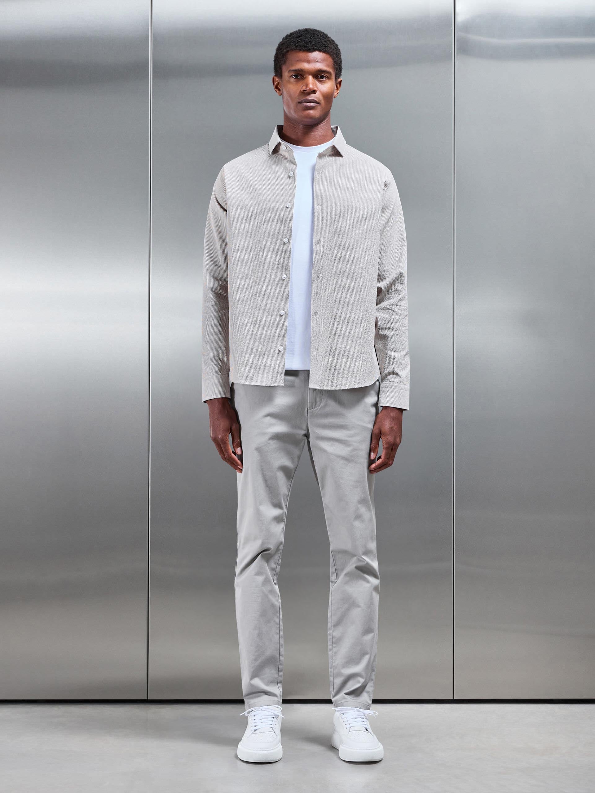 Fine Stripe Long Sleeve Cutaway Collar Shirt in Stone