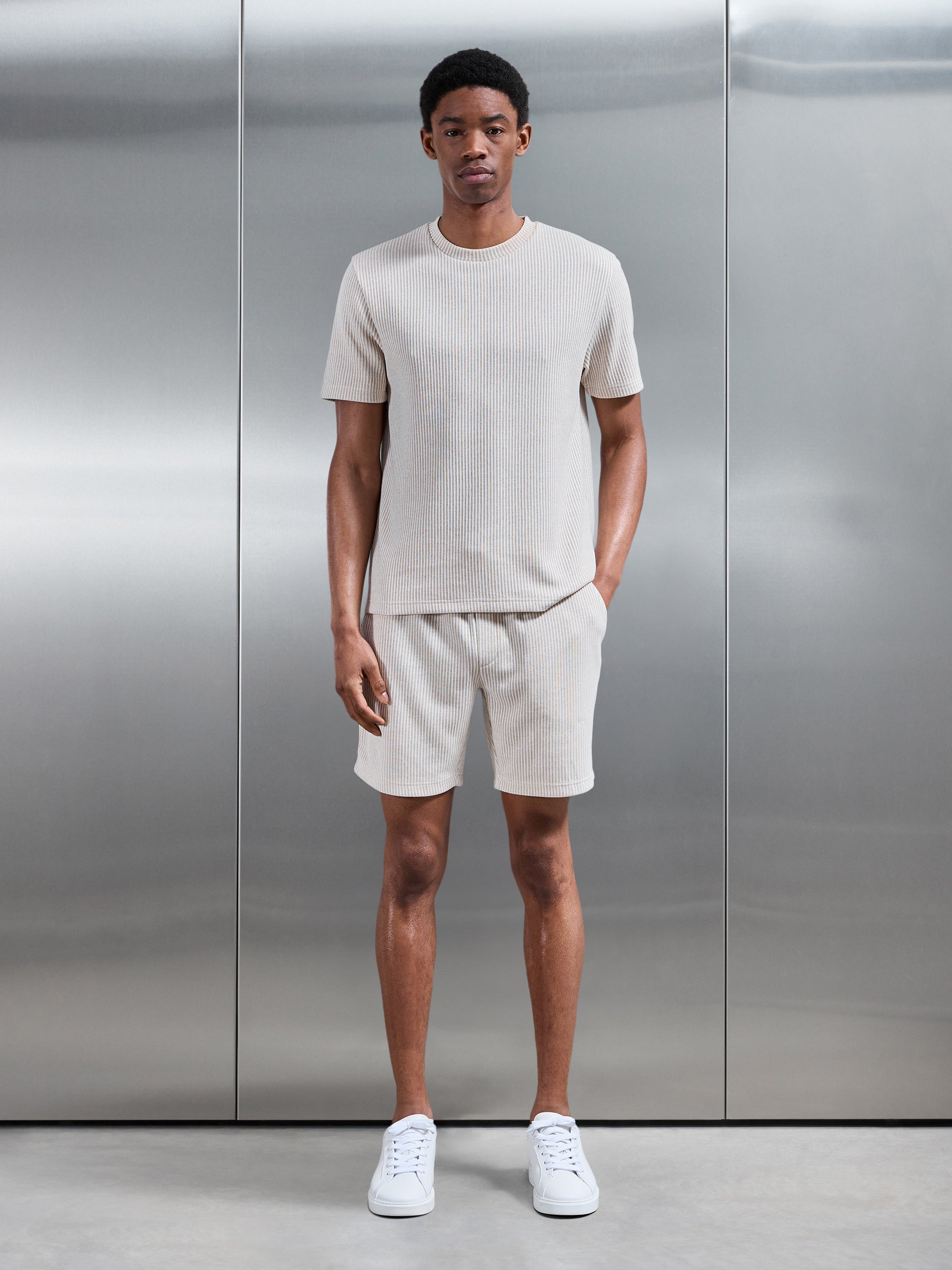 Forde Knitted Stripe T-Shirt in Stone