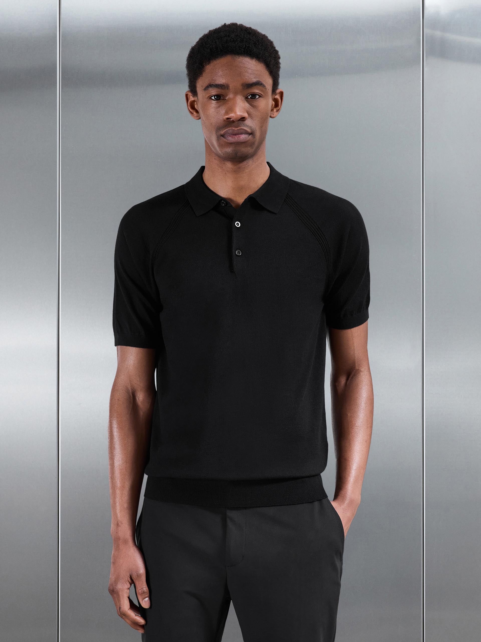 Golf Knitted Button Polo Shirt in Black