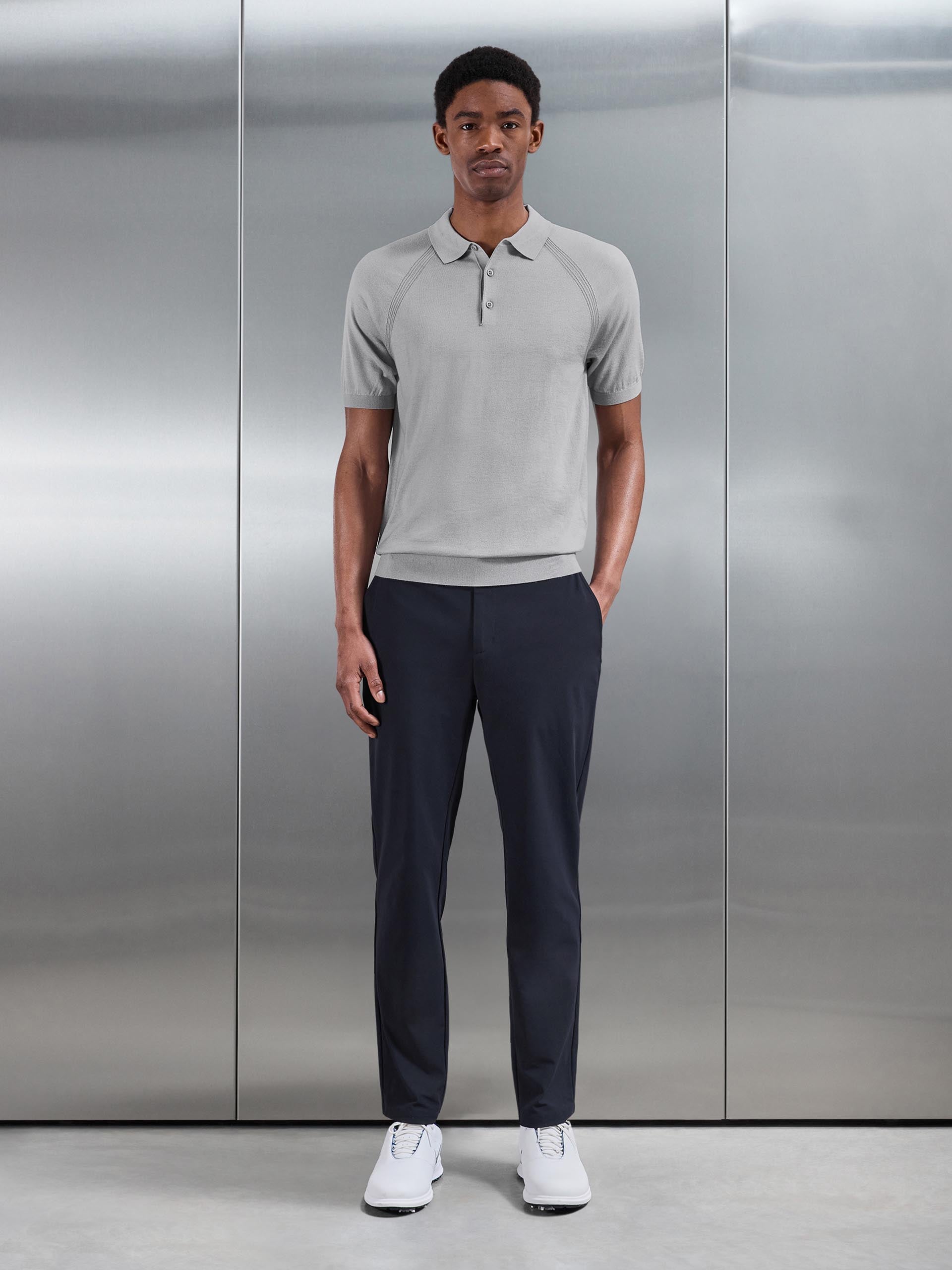 Golf Knitted Button Polo Shirt in Mid Grey