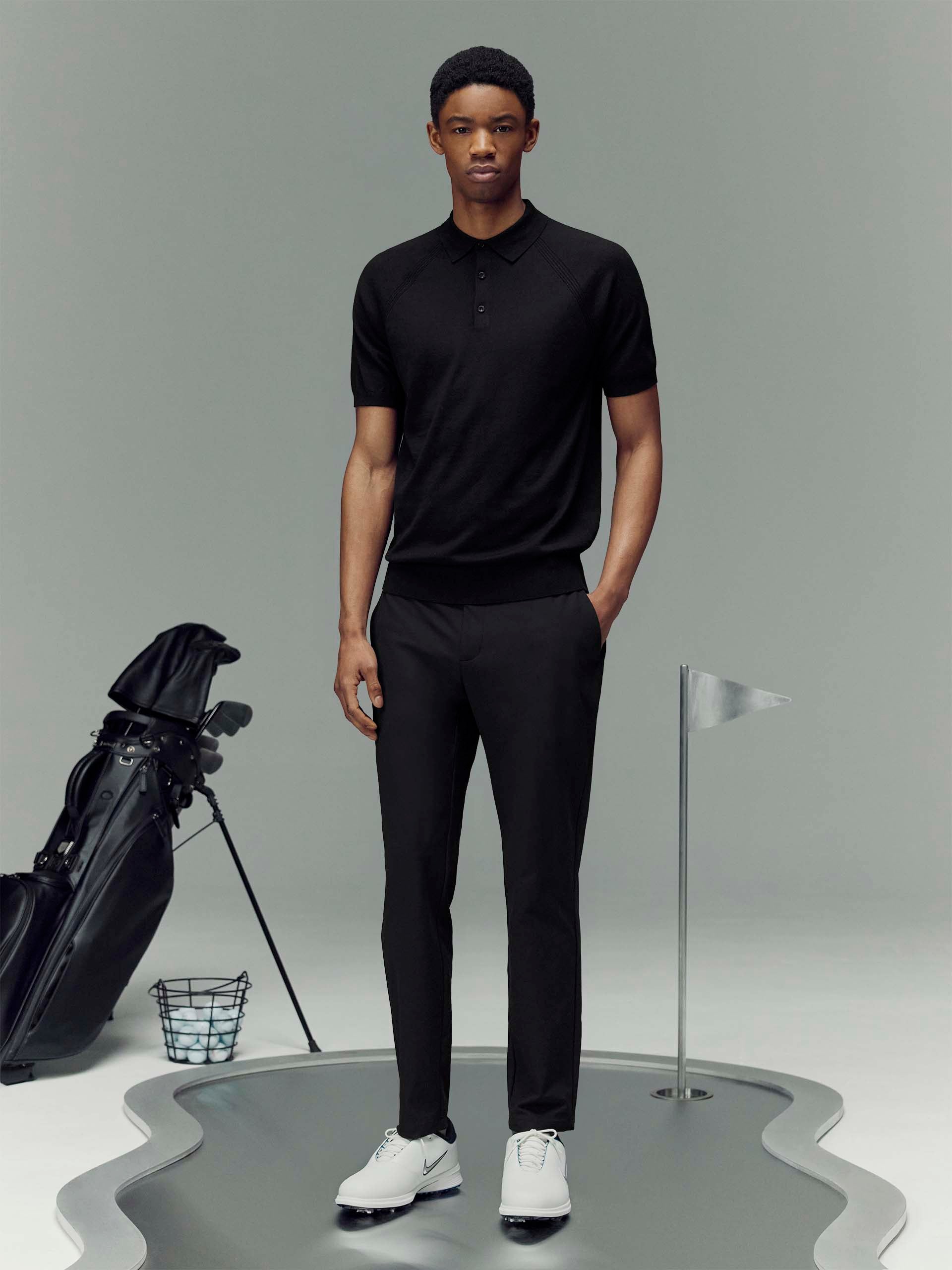 Golf Knitted Button Polo Shirt in Black