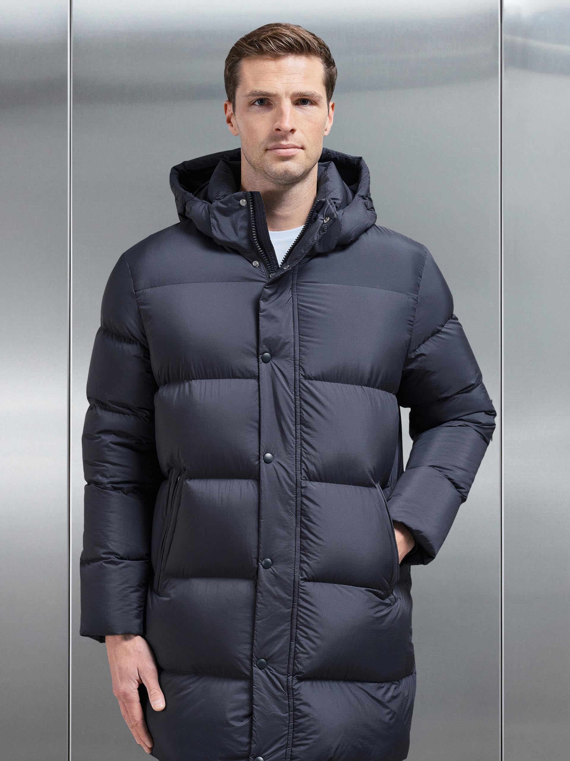 Goose Down Mid Length Jacket in Navy