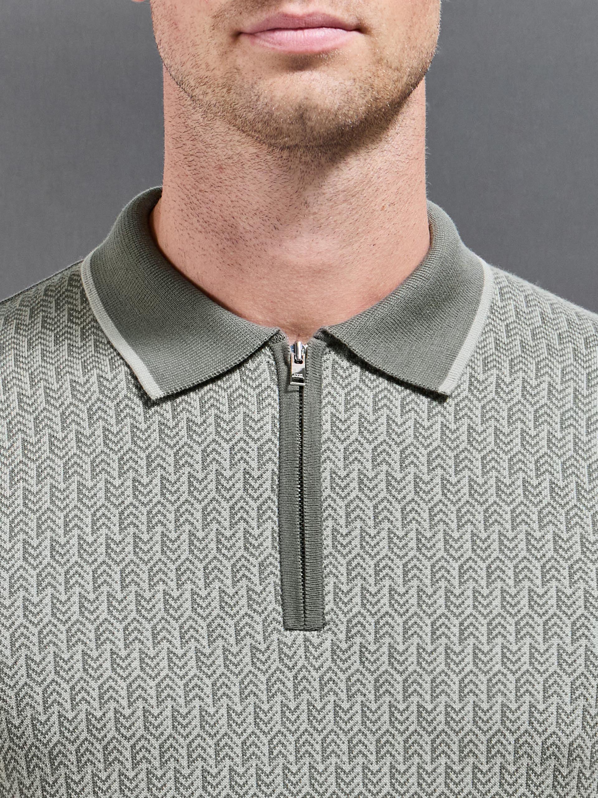 Herringbone Long Sleeve Zip Polo Shirt in Sage