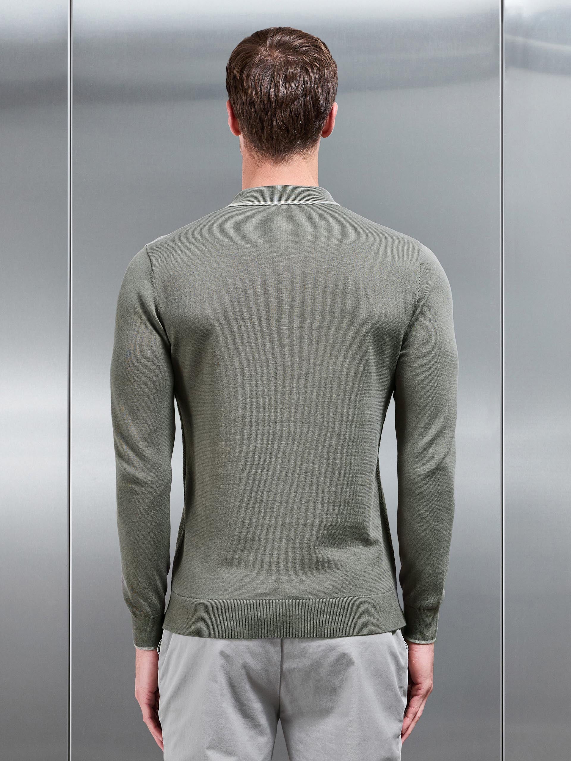 Herringbone Long Sleeve Zip Polo Shirt in Sage