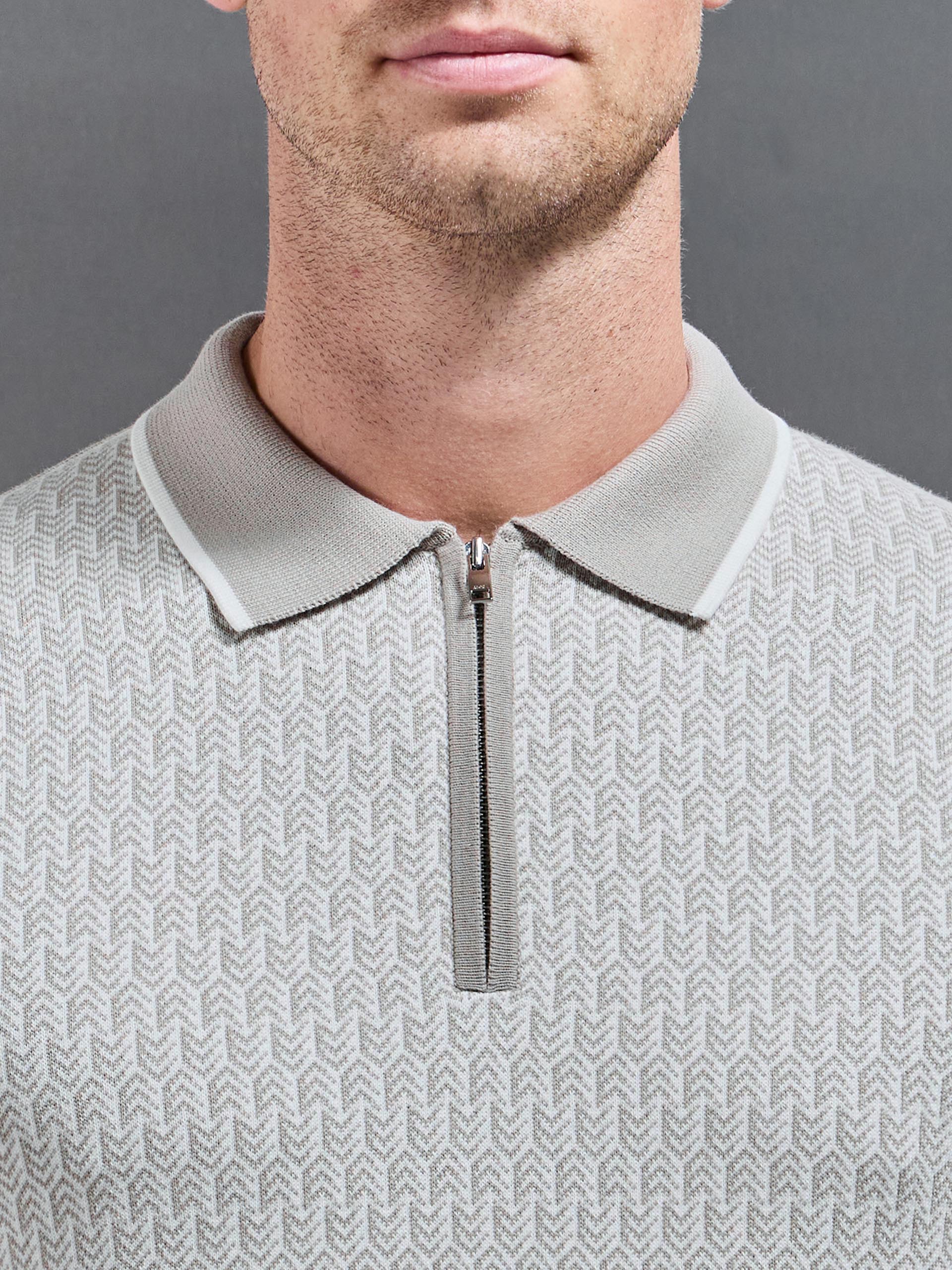 Herringbone Long Sleeve Zip Polo Shirt in Stone