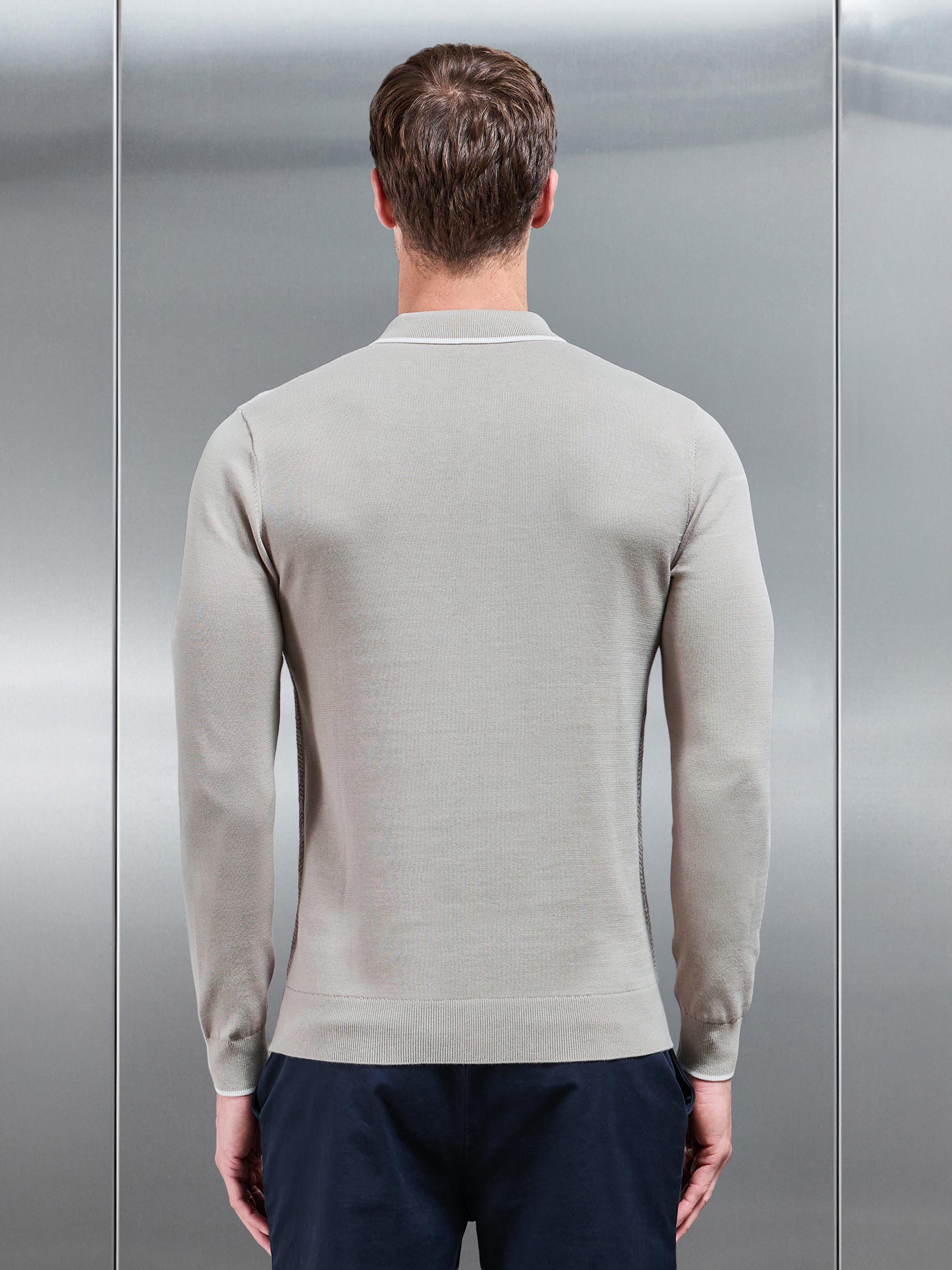 Herringbone Long Sleeve Zip Polo Shirt in Stone