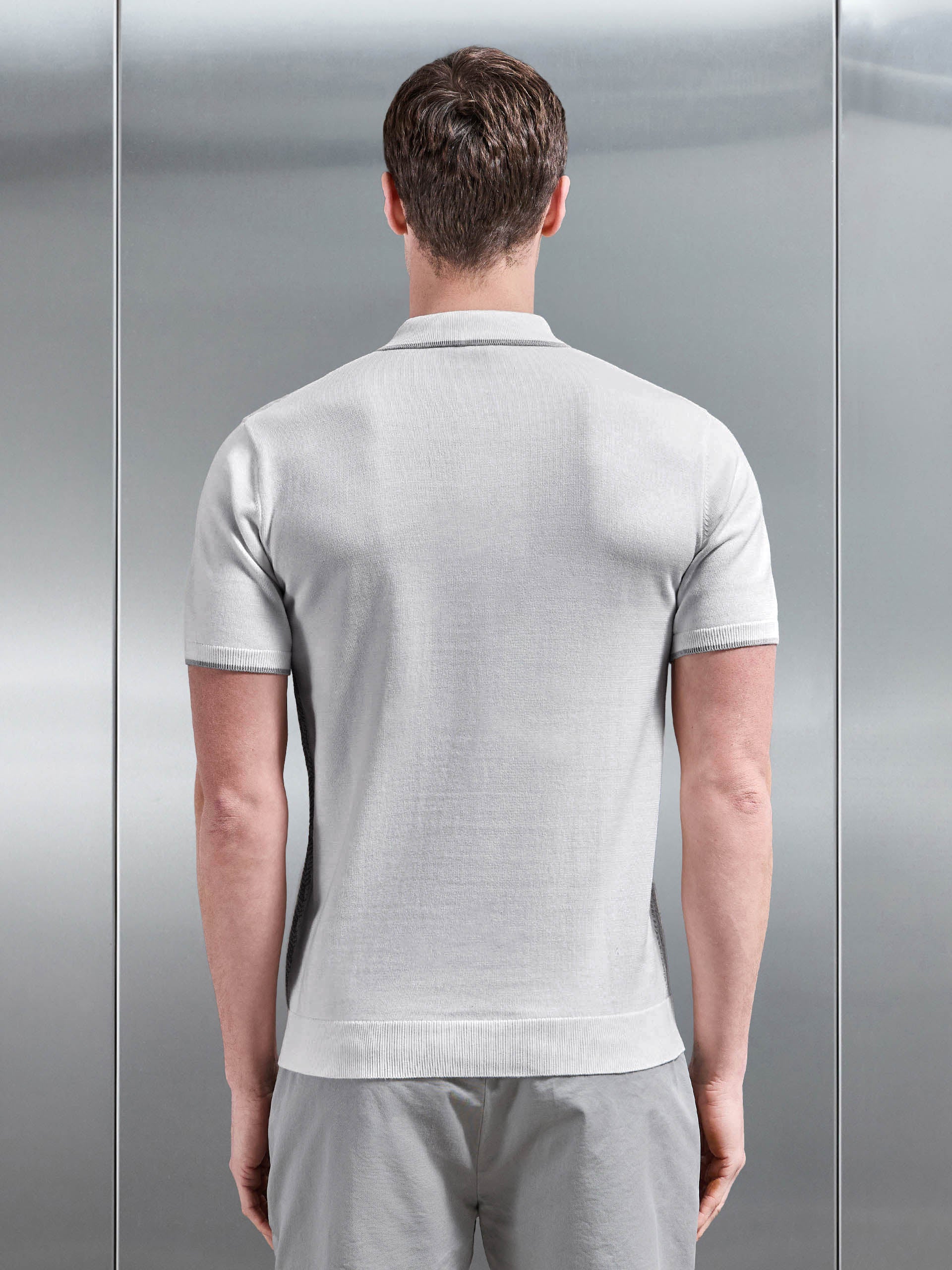 Herringbone Knitted Zip Polo Shirt in White Grey