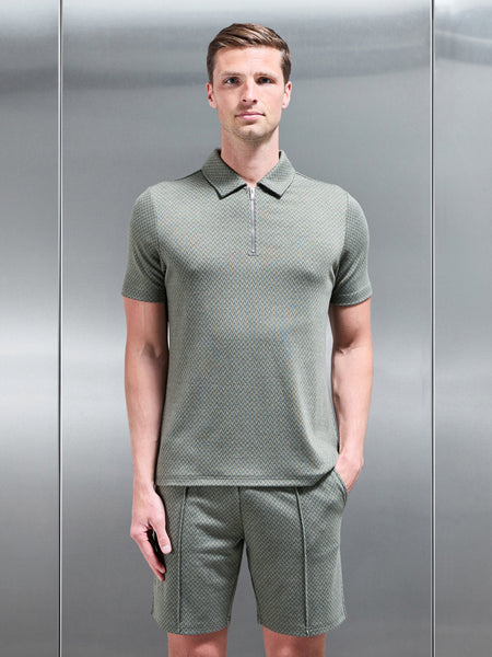 Herringbone Textured Zip Polo in Olive