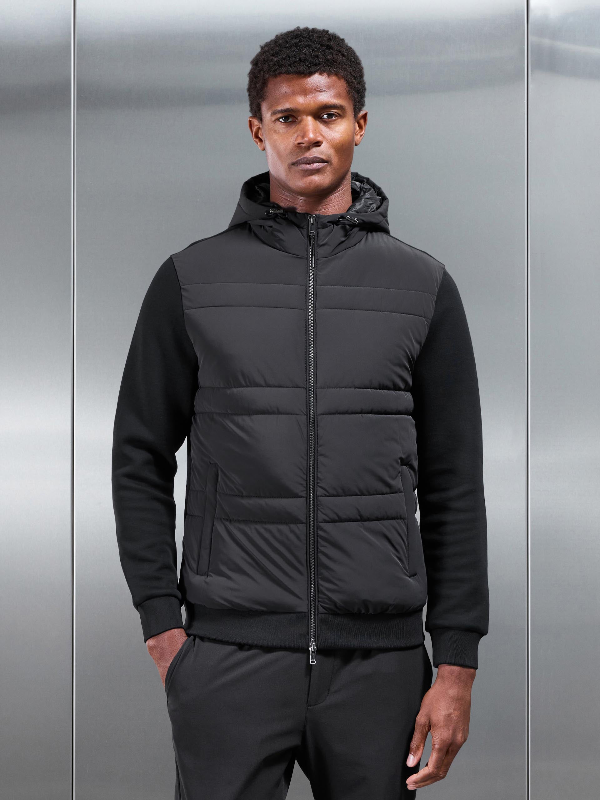 Hybrid Panel Puffer Windbreaker in Black