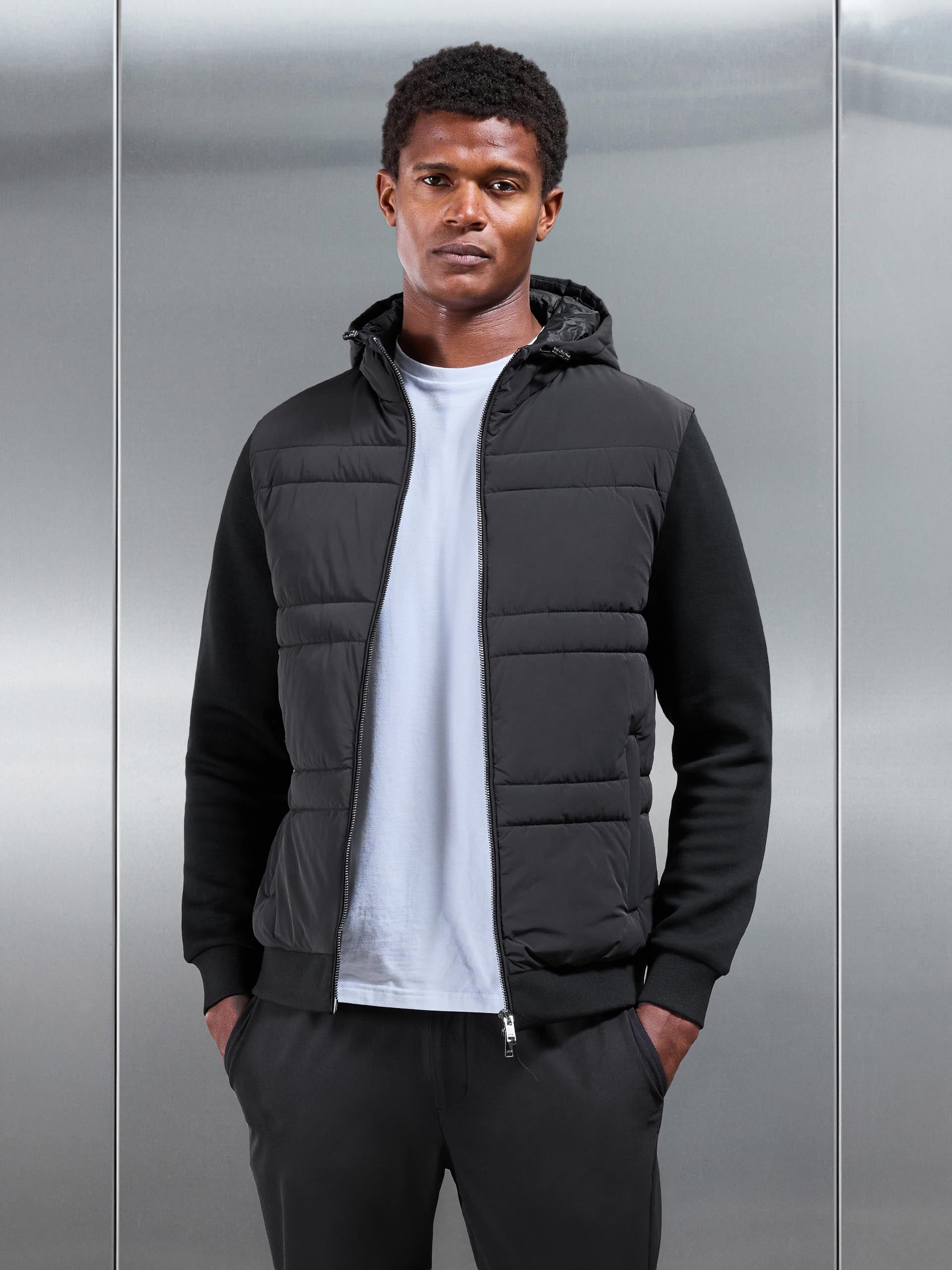 Hybrid Panel Puffer Windbreaker in Black