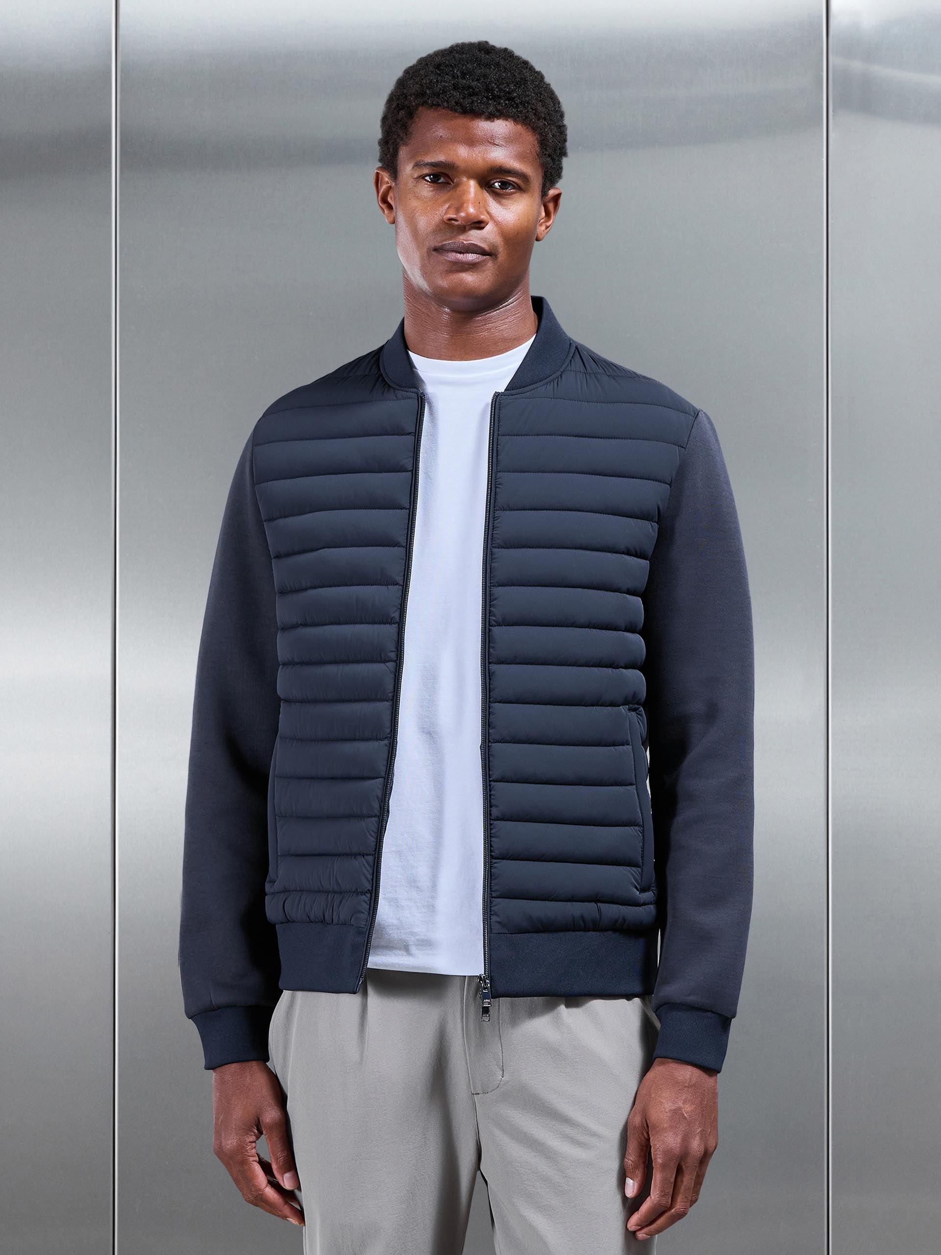 Hybrid Quilted Bomber Jacket in Navy