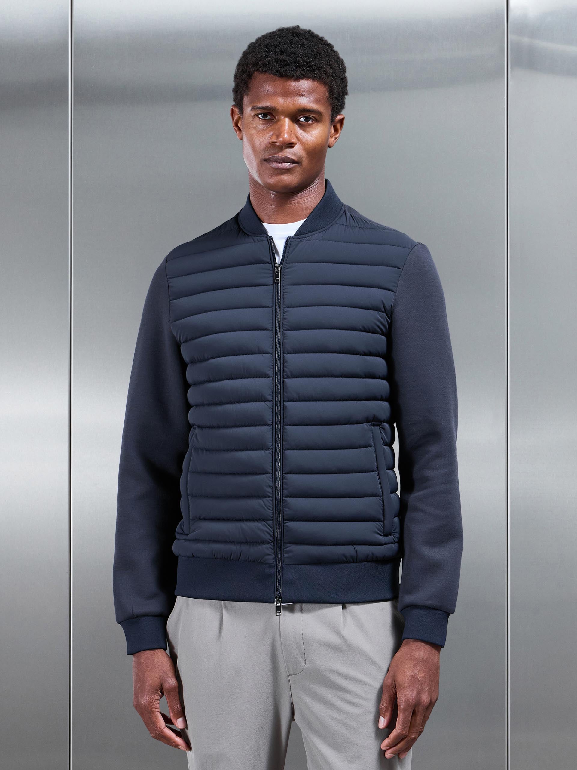 Hybrid Quilted Bomber Jacket in Navy