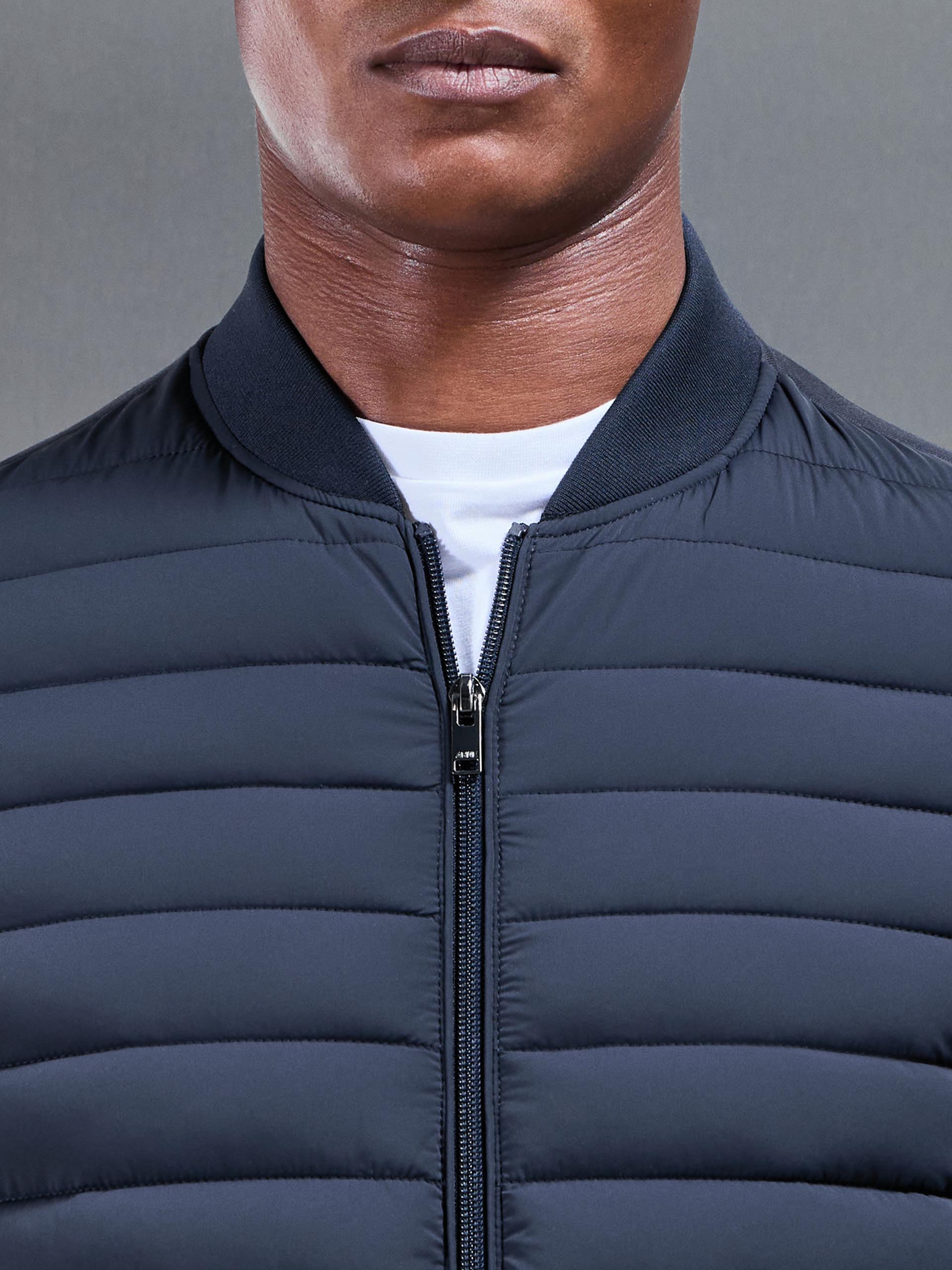 Hybrid Quilted Bomber Jacket in Navy