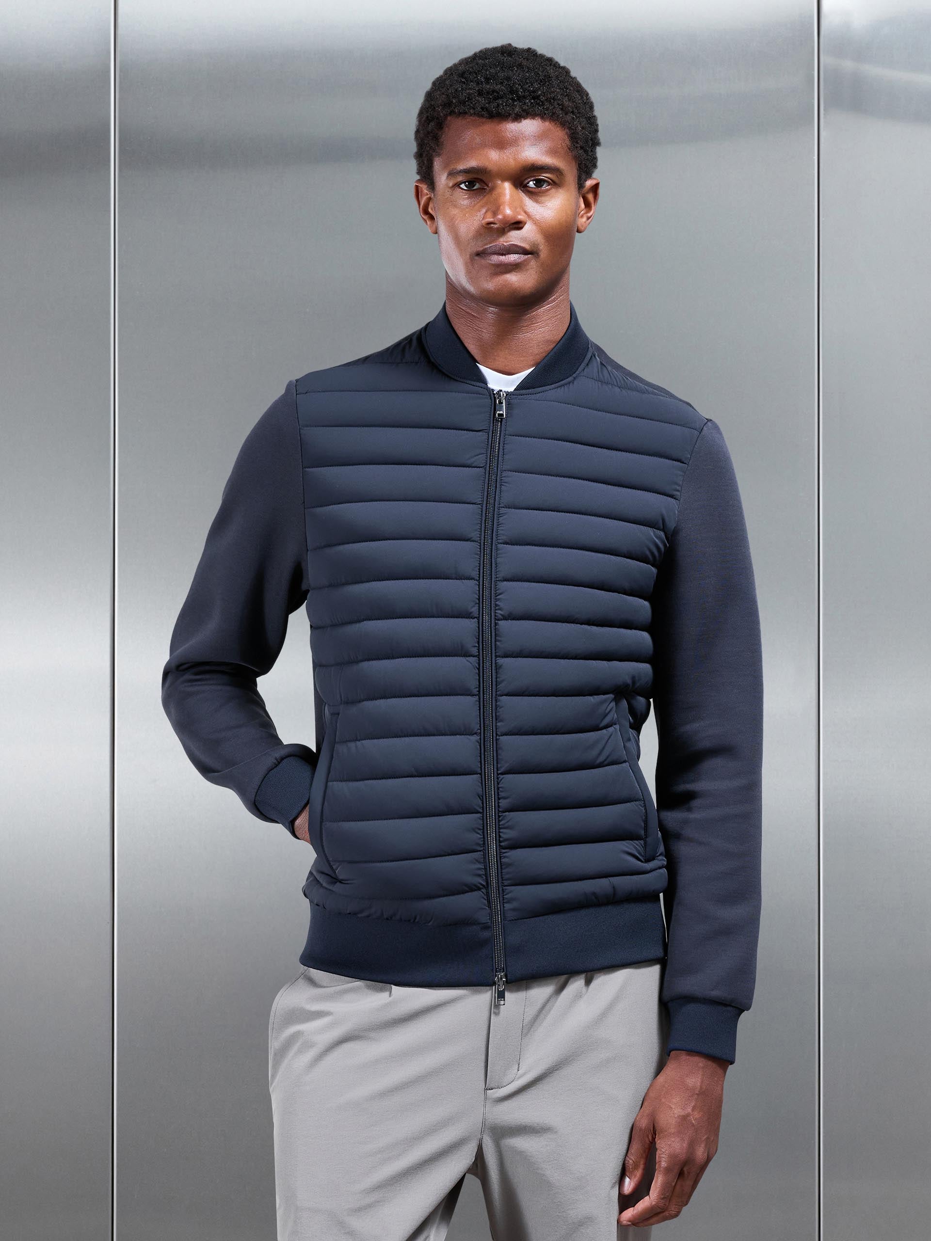 Hybrid Quilted Bomber Jacket in Navy