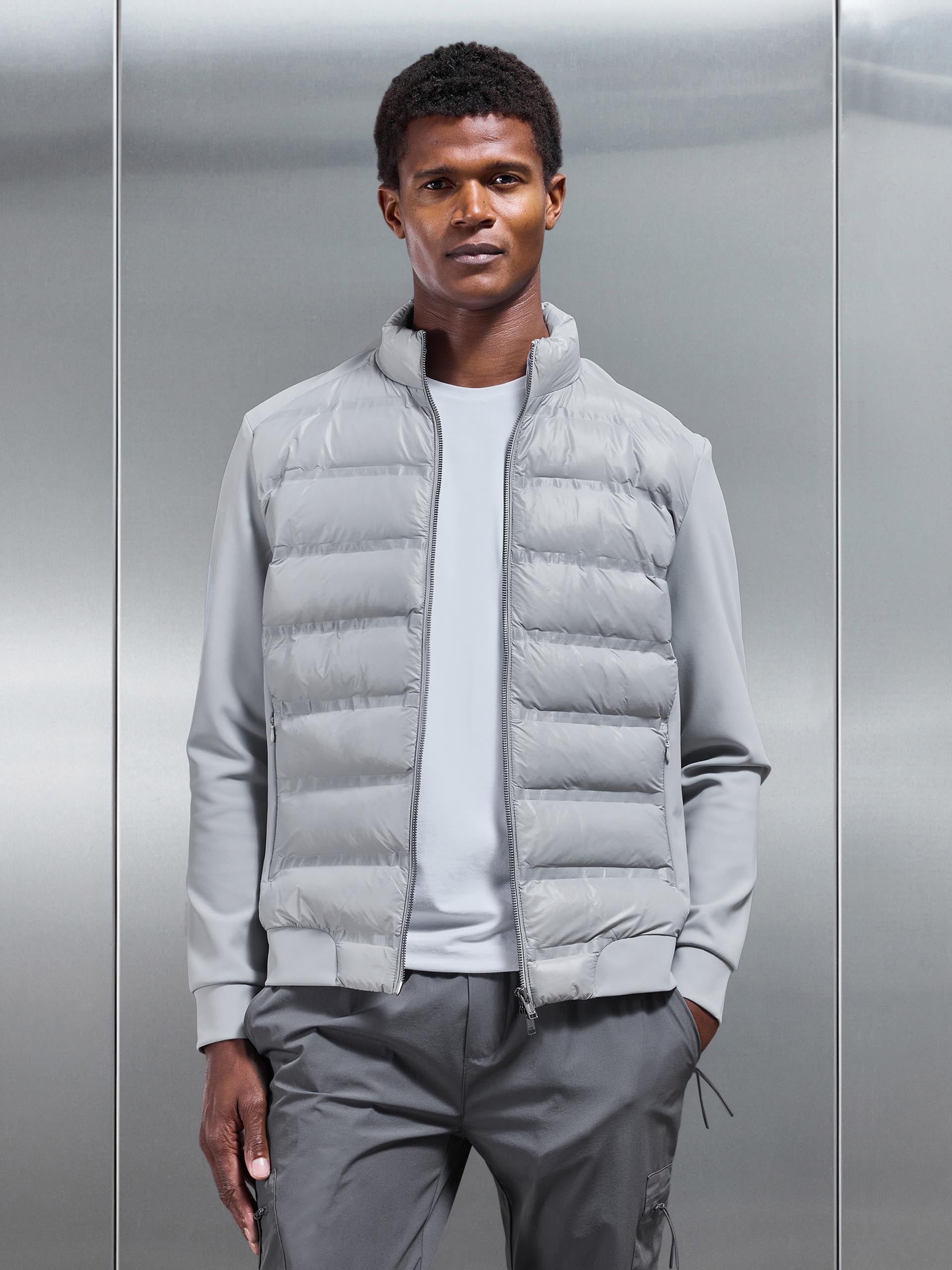 Hybrid Zip Through Puffer Jacket in Mid Grey