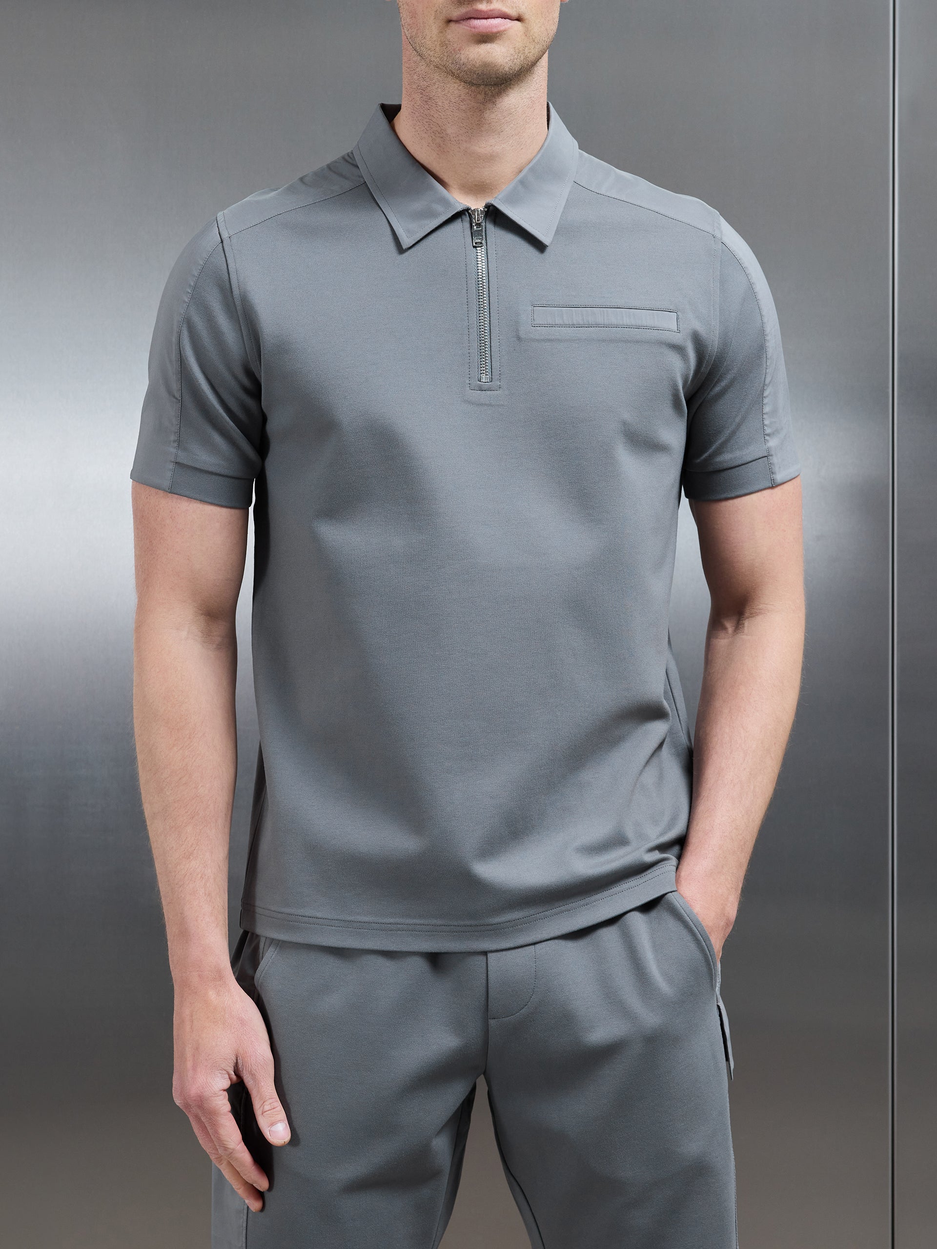 Hybrid Cargo Zip Polo Shirt in Grey