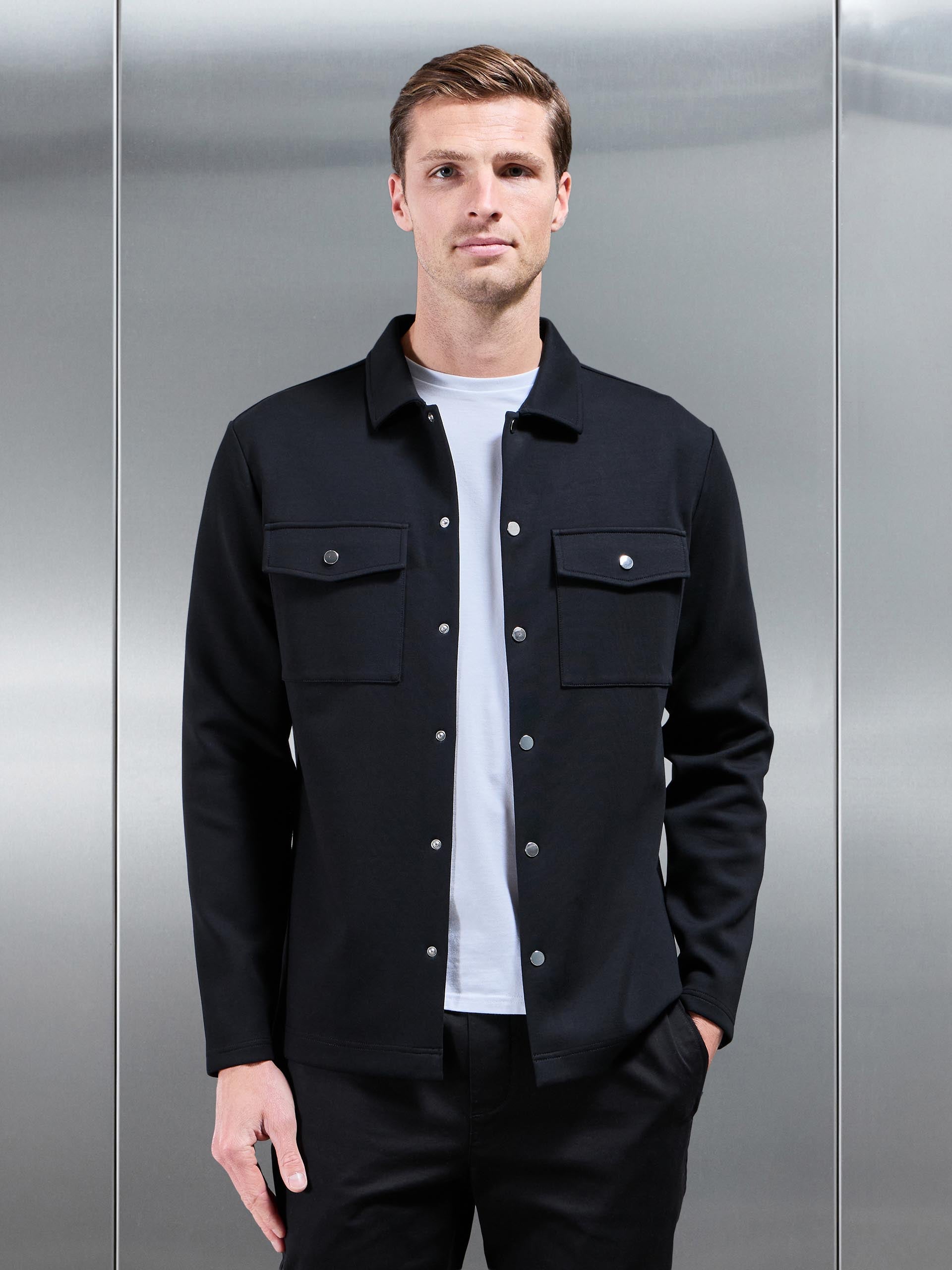 Interlock Jersey Pocket Popper Overshirt in Black
