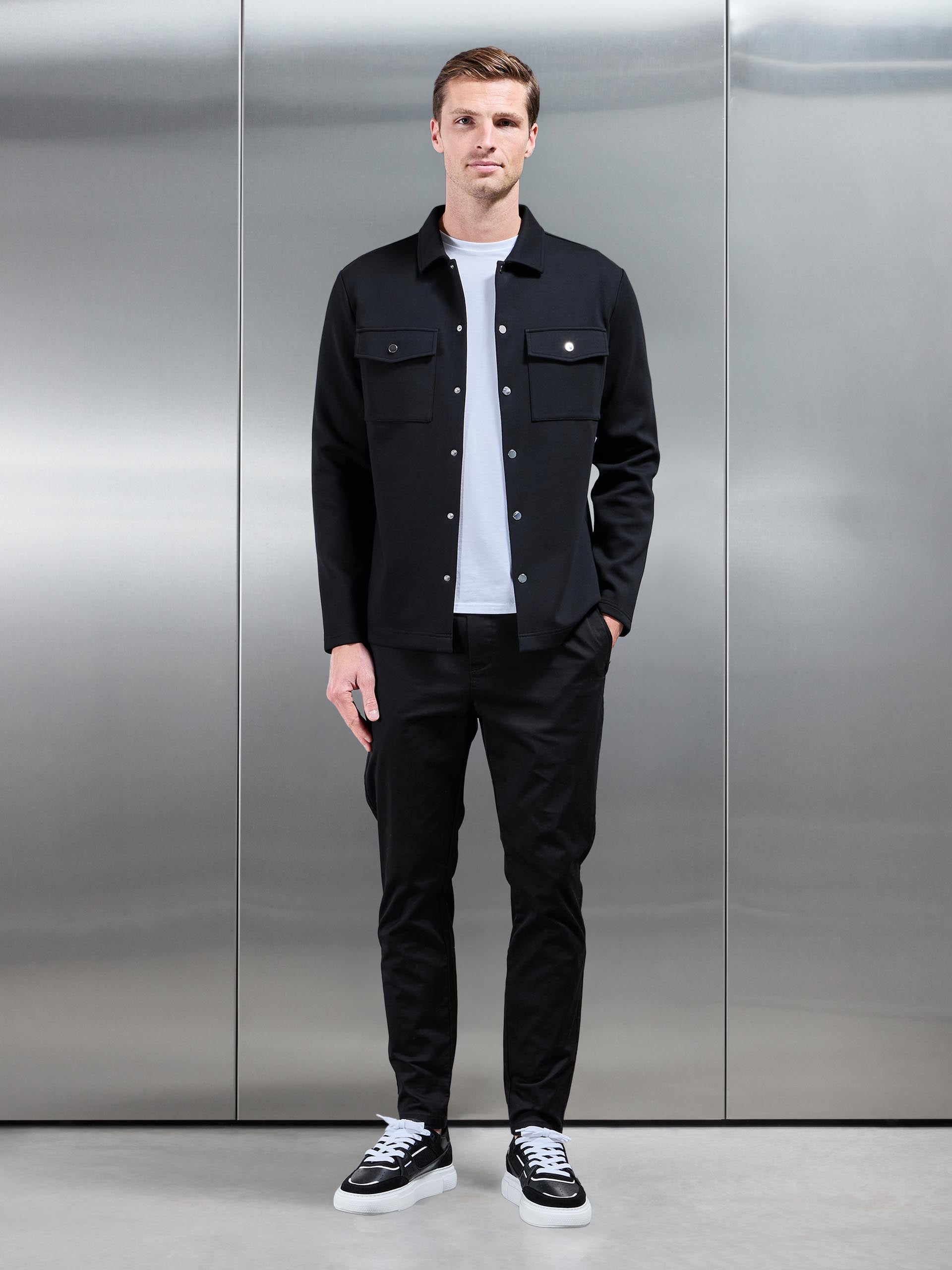 Interlock Jersey Pocket Popper Overshirt in Black