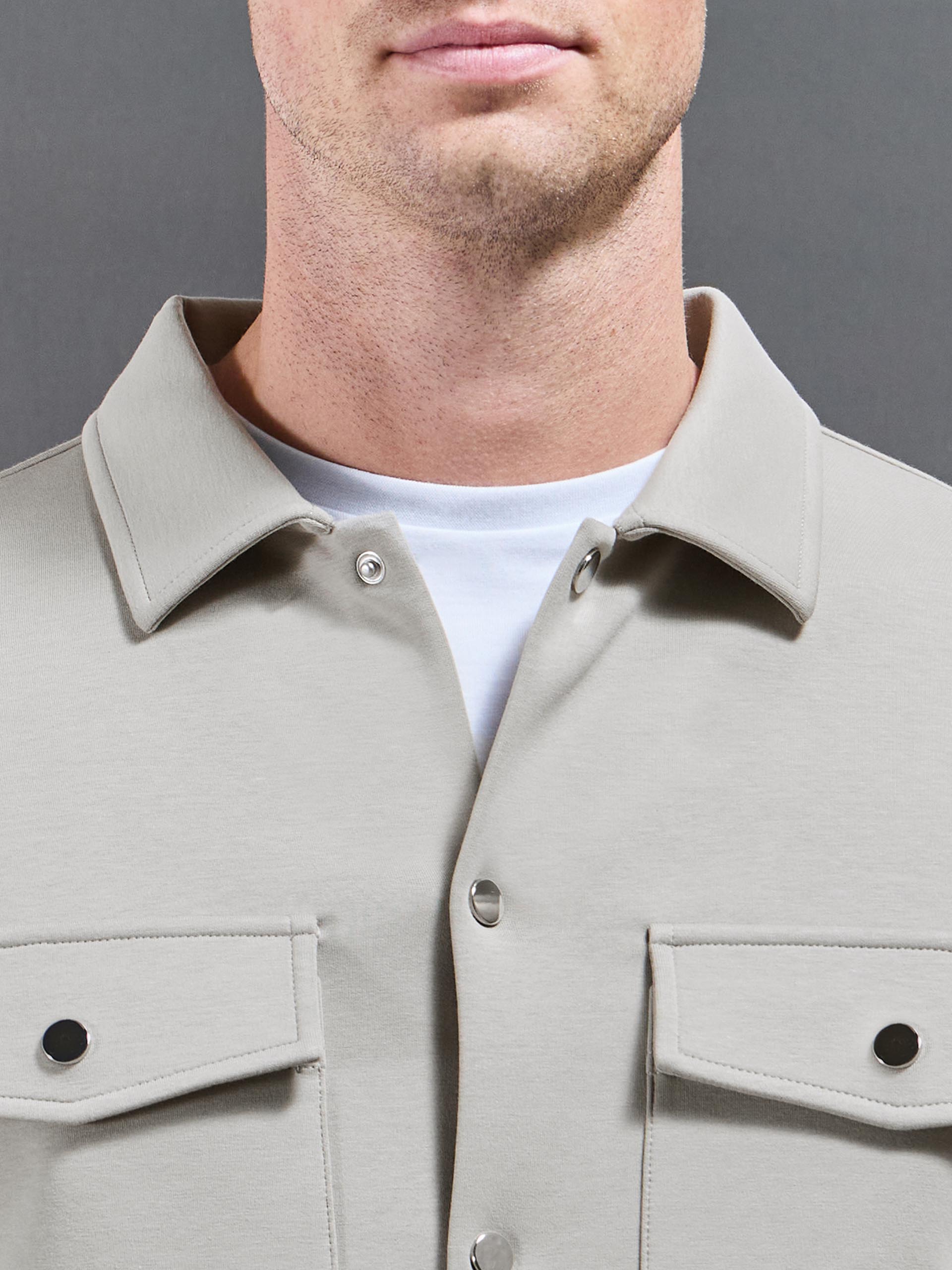 Interlock Jersey Pocket Popper Overshirt in Stone