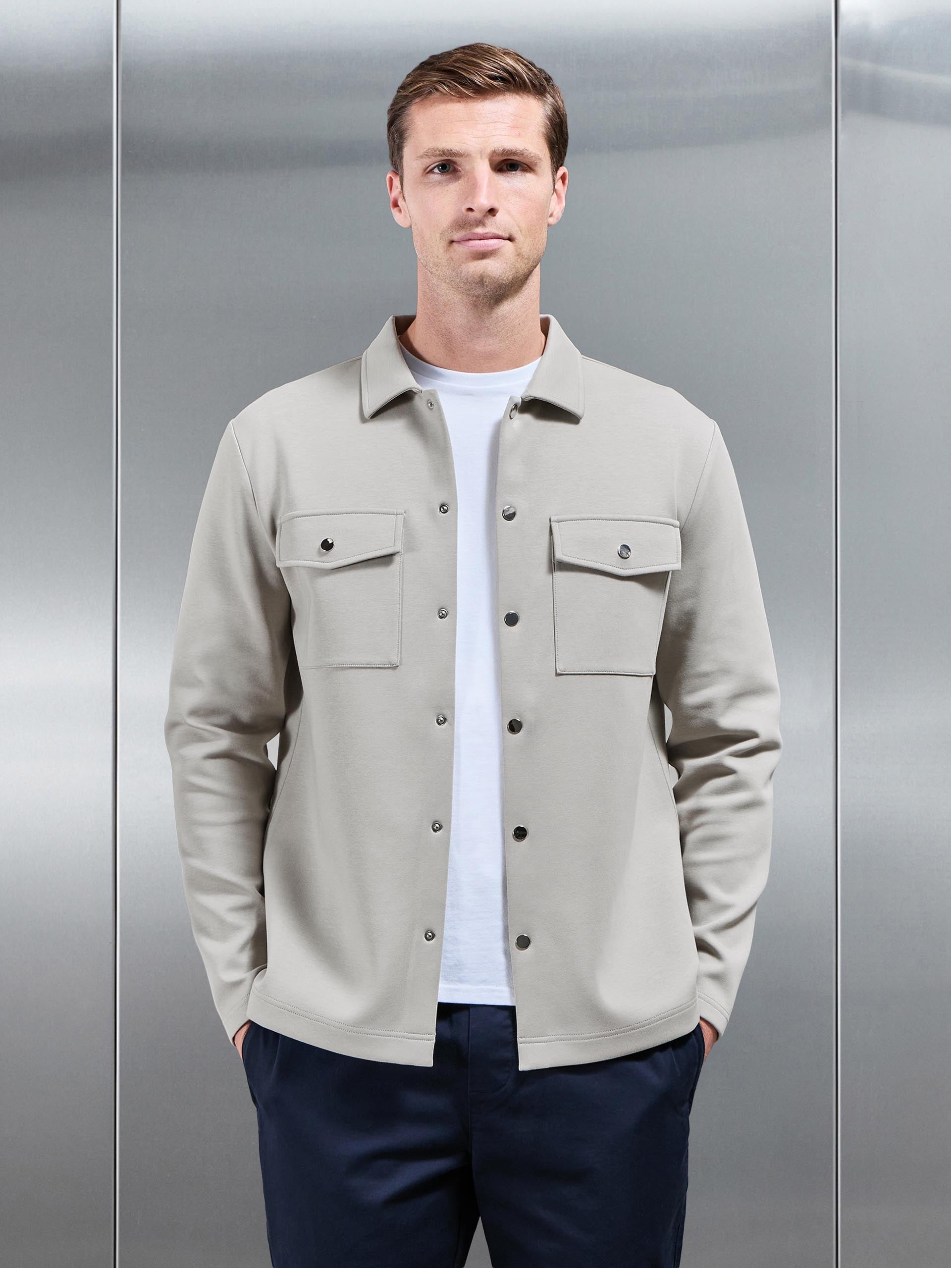 Interlock Jersey Pocket Popper Overshirt in Stone