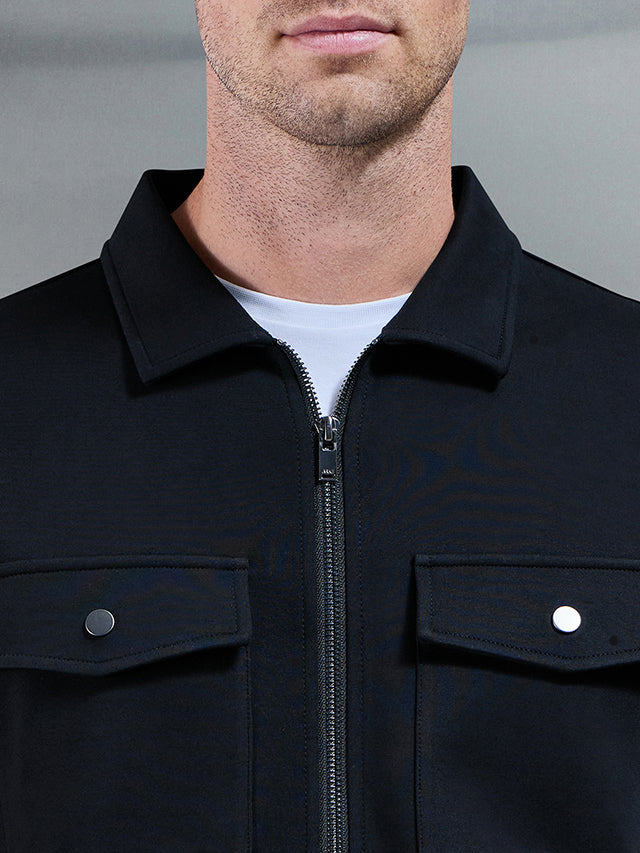Interlock Jersey Pocket Zip Through Overshirt in Black