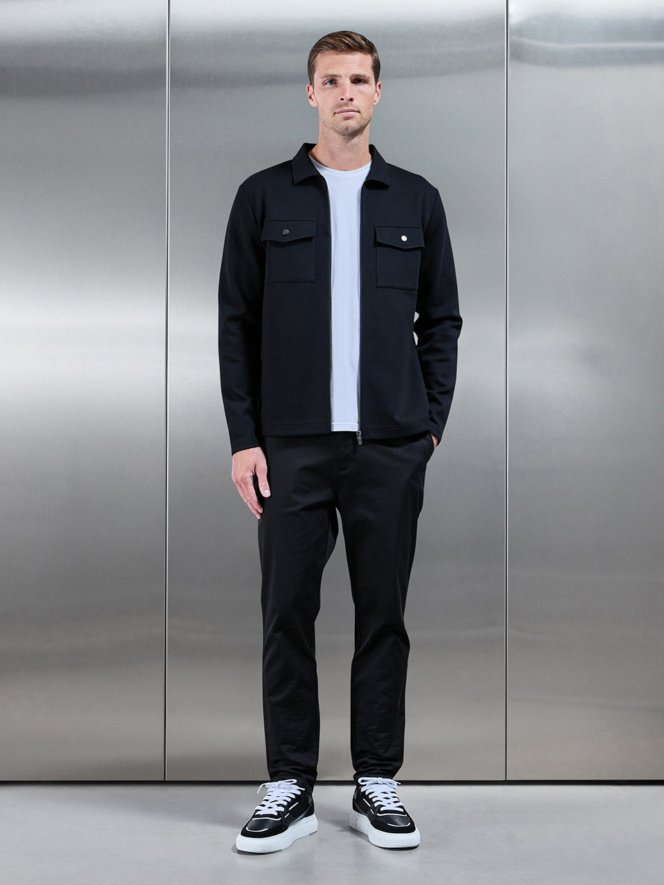 Interlock Jersey Pocket Zip Through Overshirt in Black