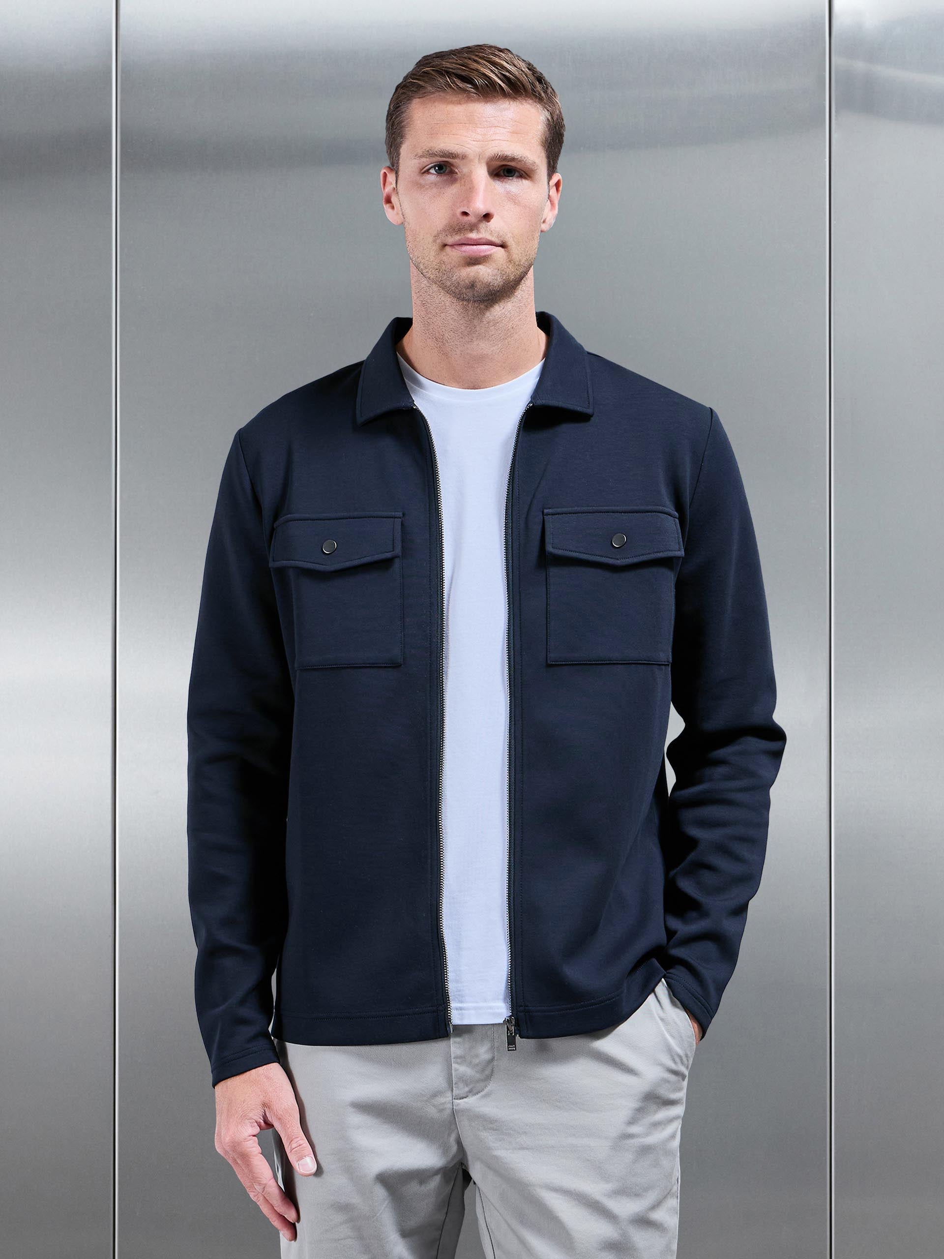 Interlock Jersey Pocket Zip Through Overshirt in Navy