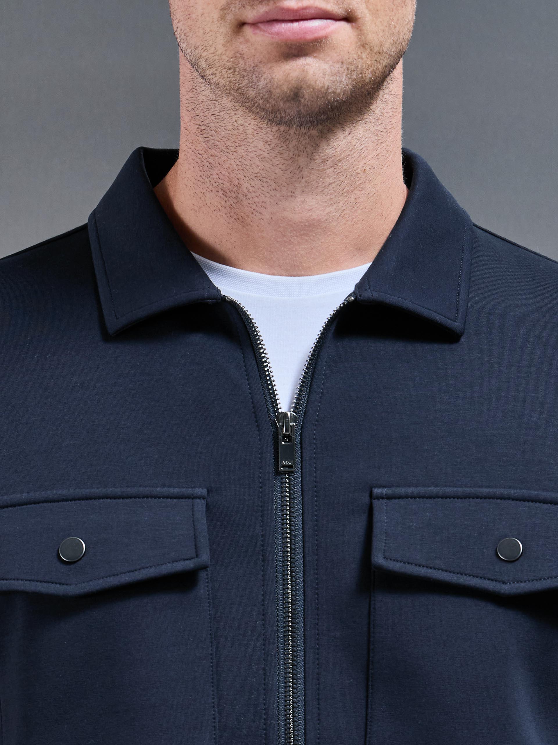 Interlock Jersey Pocket Zip Through Overshirt in Navy