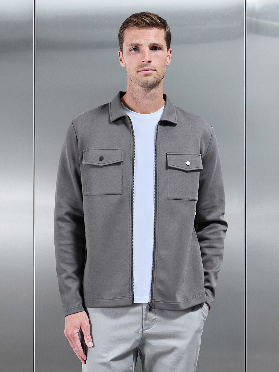 Interlock Jersey Pocket Zip Through Overshirt in Charcoal