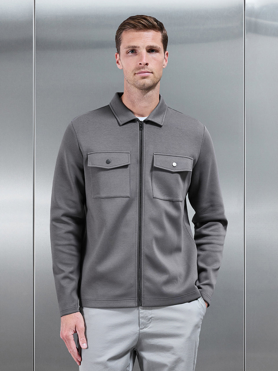 Interlock Jersey Pocket Zip Through Overshirt in Charcoal