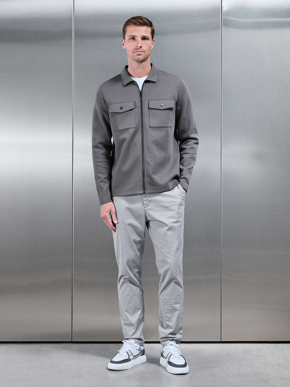 Interlock Jersey Pocket Zip Through Overshirt in Charcoal