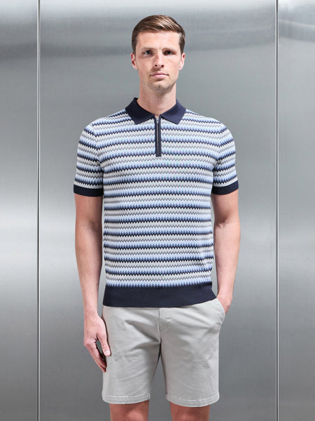 Jacquard Zig Zag Knitted Zip Polo Shirt in Navy