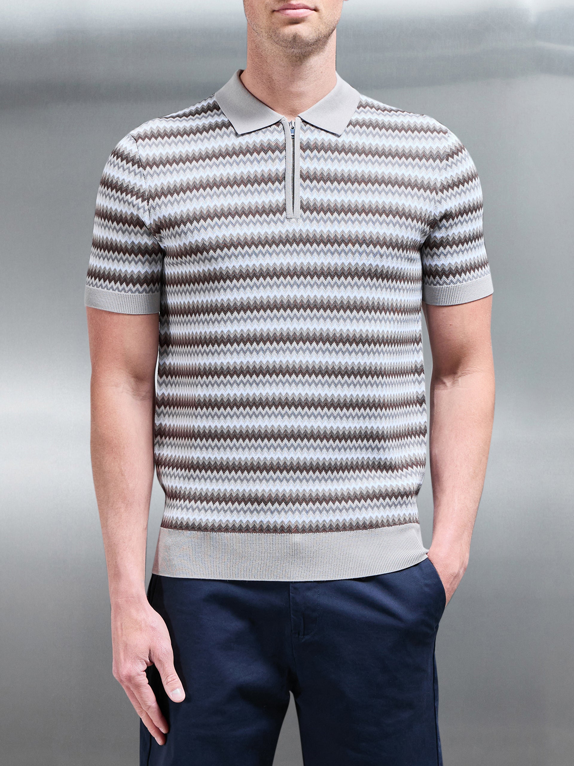 Jacquard Zig Zag Knitted Zip Polo Shirt in Stone