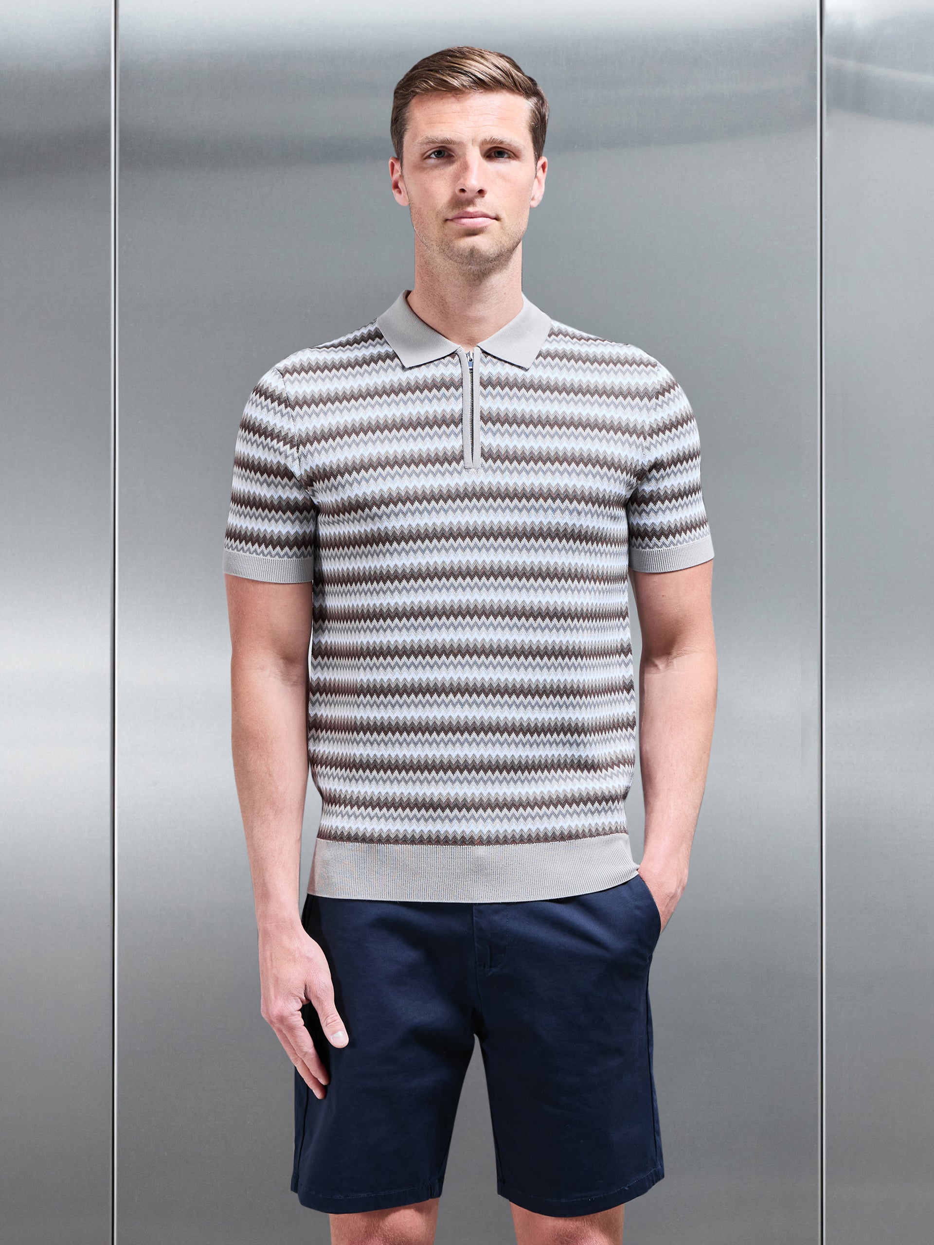 Jacquard Zig Zag Knitted Zip Polo Shirt in Stone