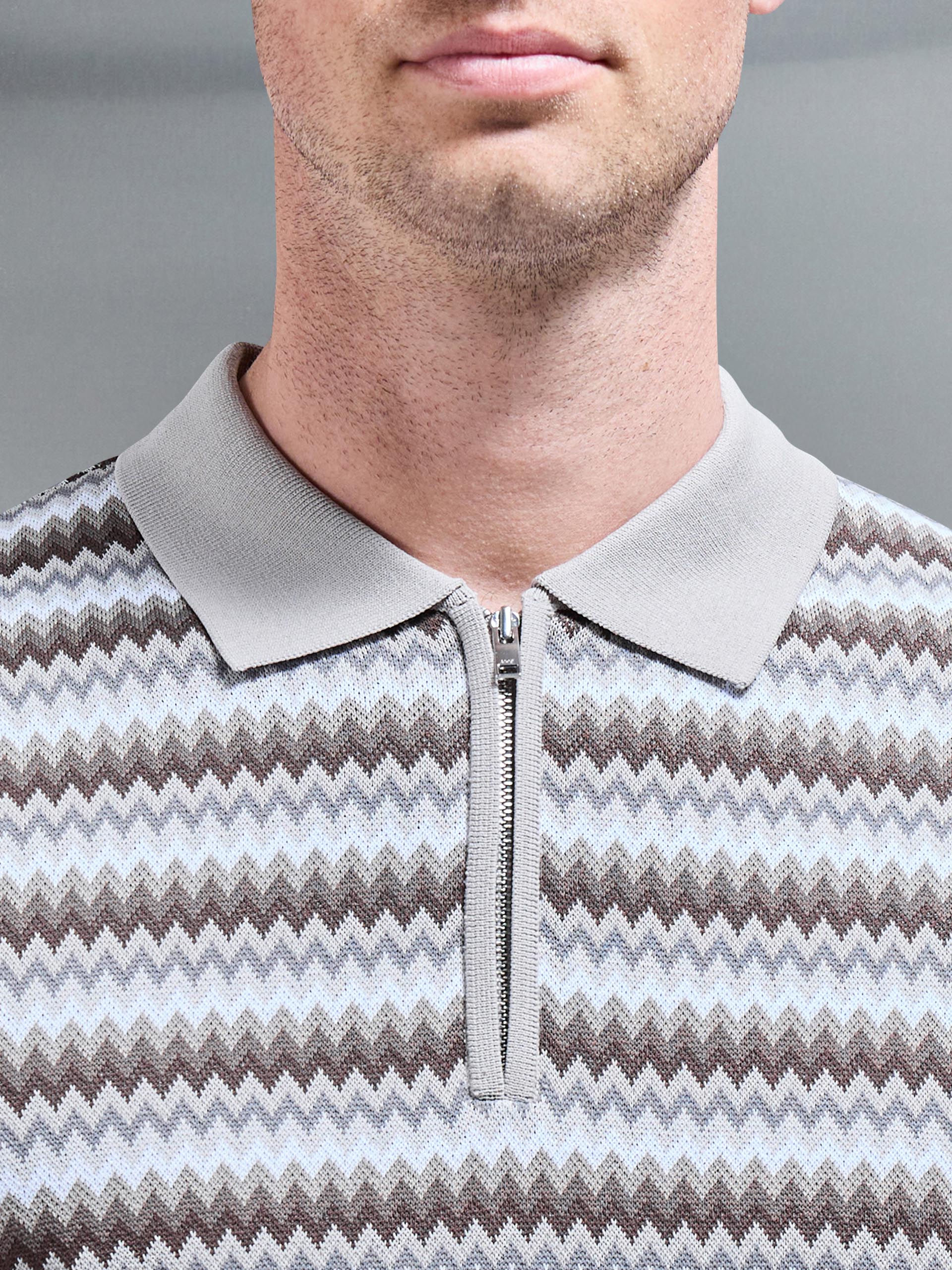 Jacquard Zig Zag Knitted Zip Polo Shirt in Stone