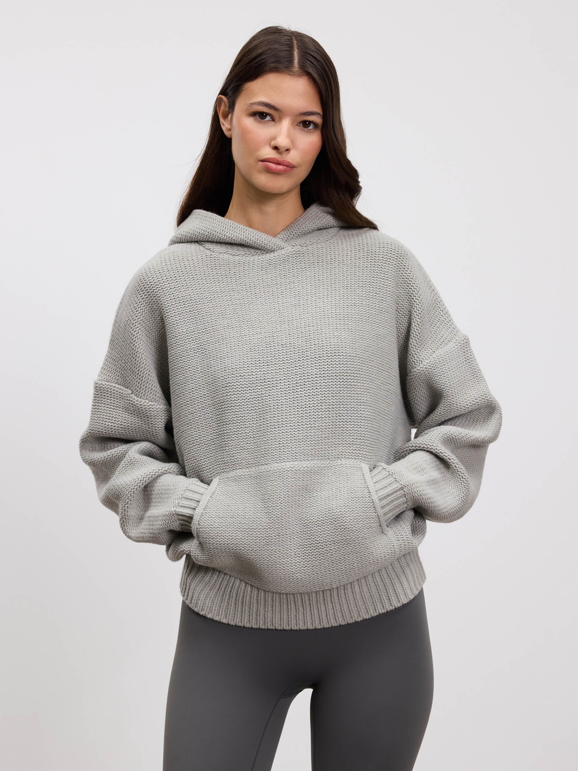 Womens Knitted Hoodie in Mid Grey