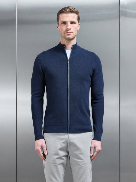 Knitted Ribbed Funnel Neck Zip Through Jacket in Navy