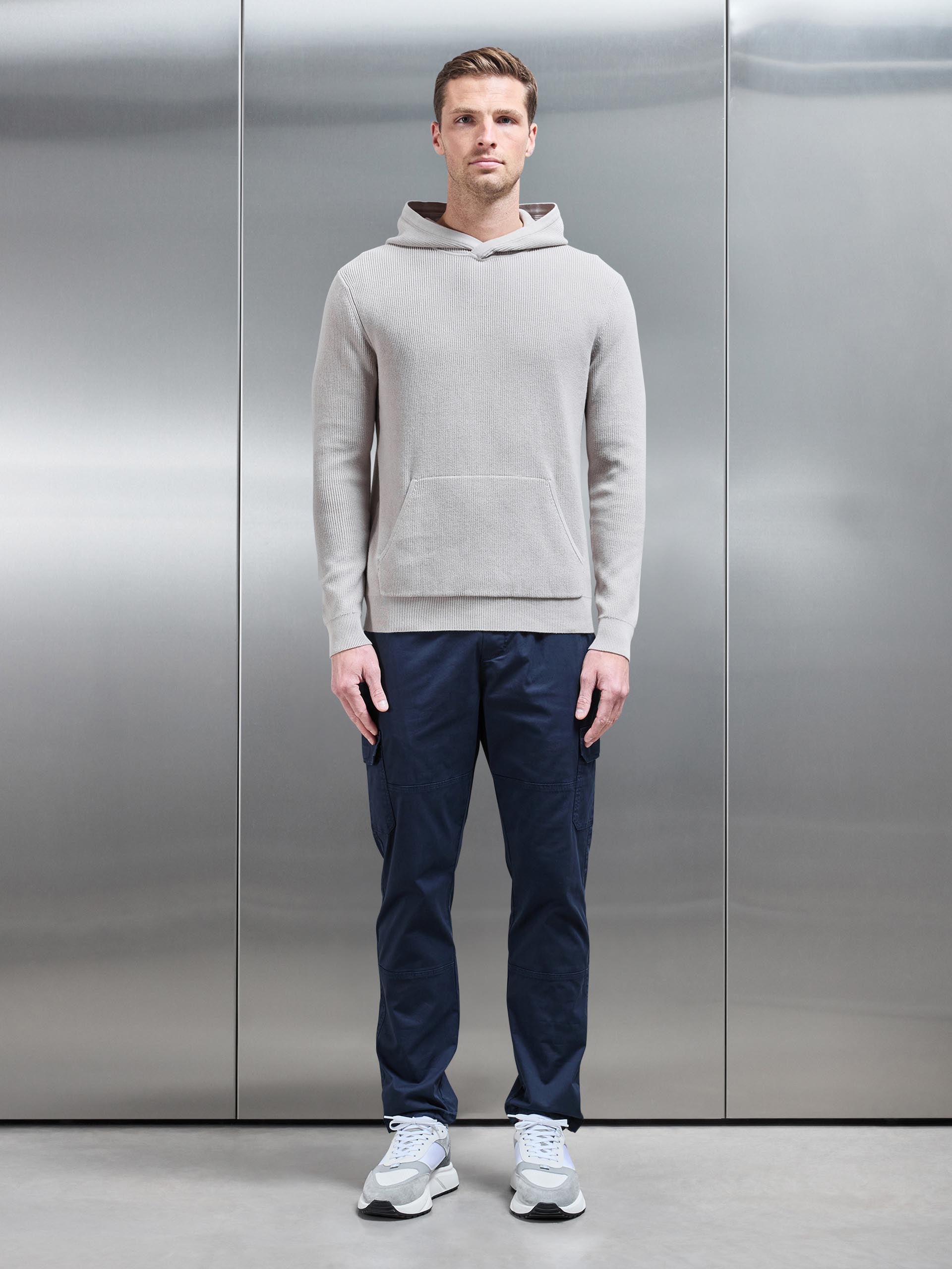 Knitted Ribbed Hoodie in Stone