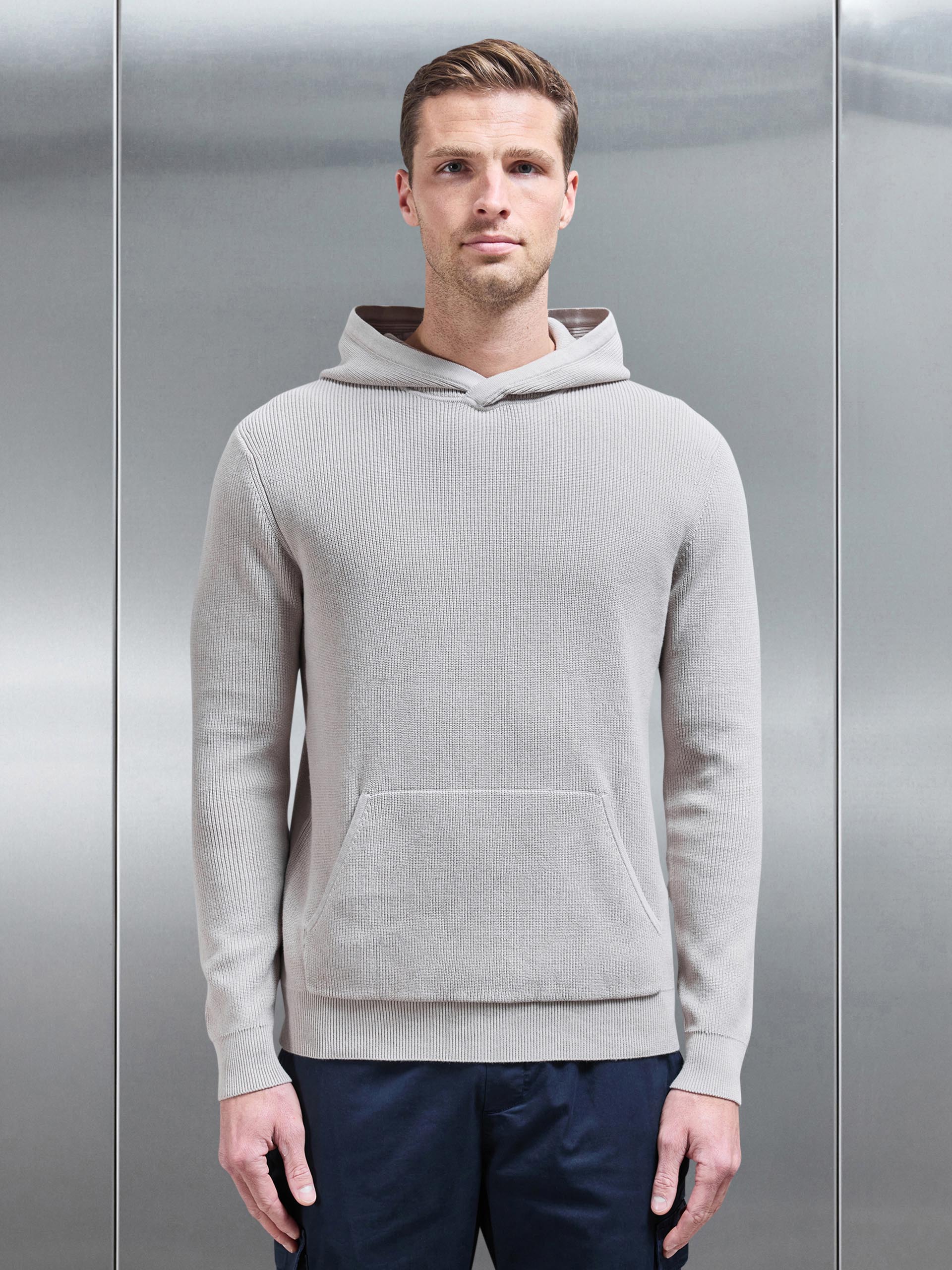 Knitted Ribbed Hoodie in Stone