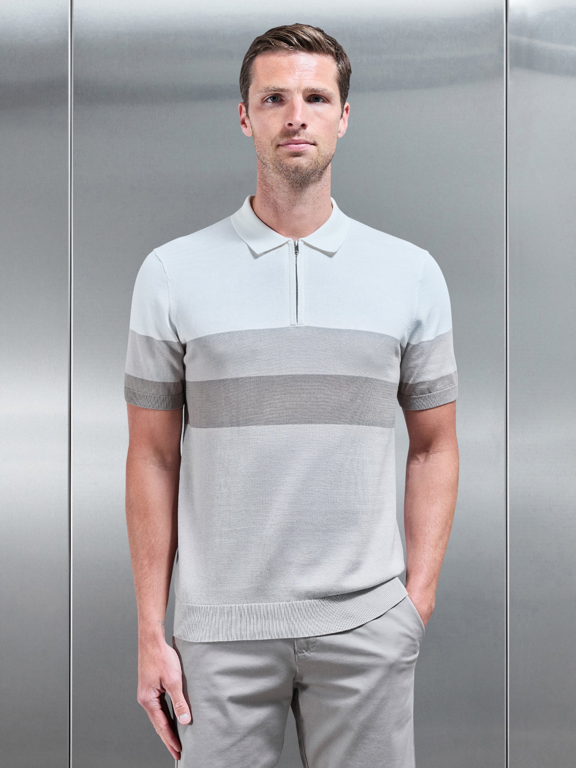 Lario Knitted Zip Polo Shirt in Stone
