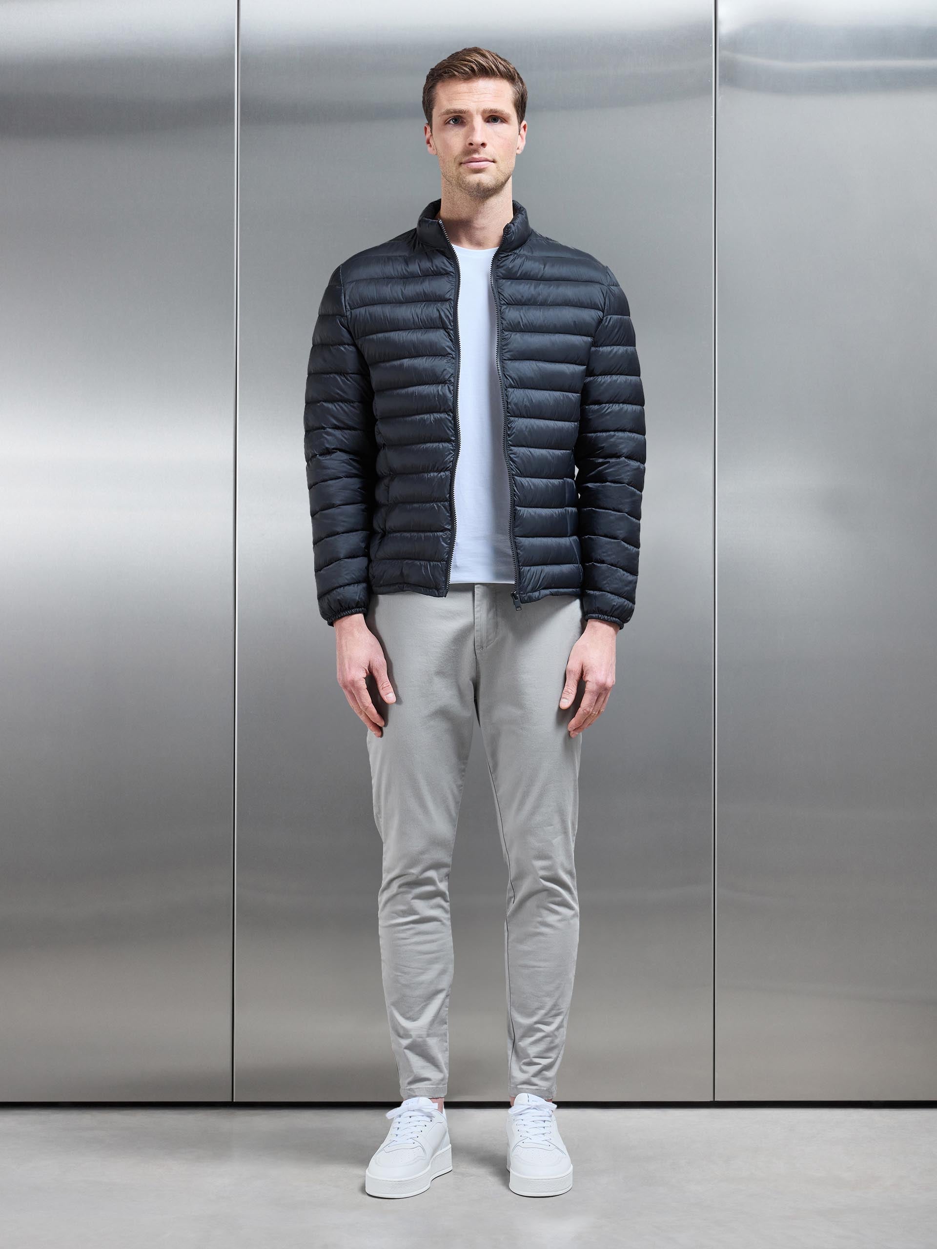 Lightweight Funnel Neck Puffer Jacket in Black